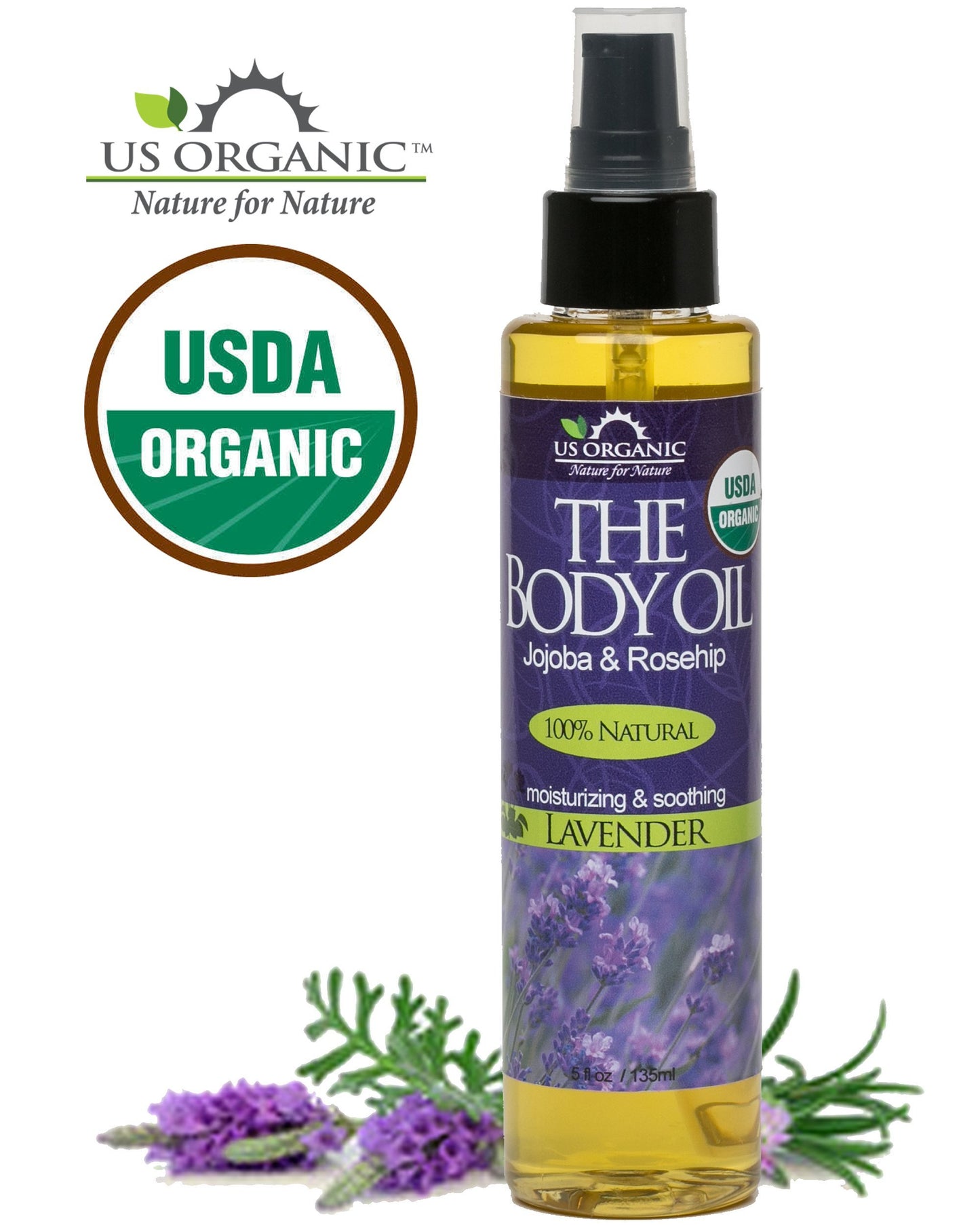 US Organic Body Oil - Elegant Lavender - Jojoba and Rosehip Oil with Vitamin E, Certified Organic, No Alcohol, Paraben, Artificial Detergents, Color Beauty and Personal Care US Organic