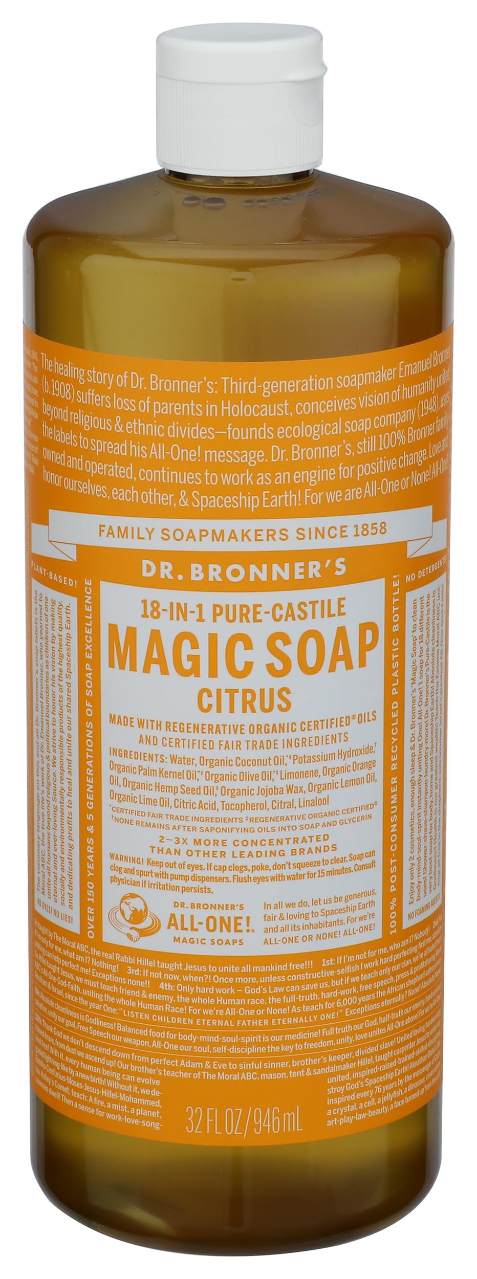 Dr Bronners, Soap Castile Liquid Citrus Orange M/W Oils Fair Trade, 32 Fl Oz