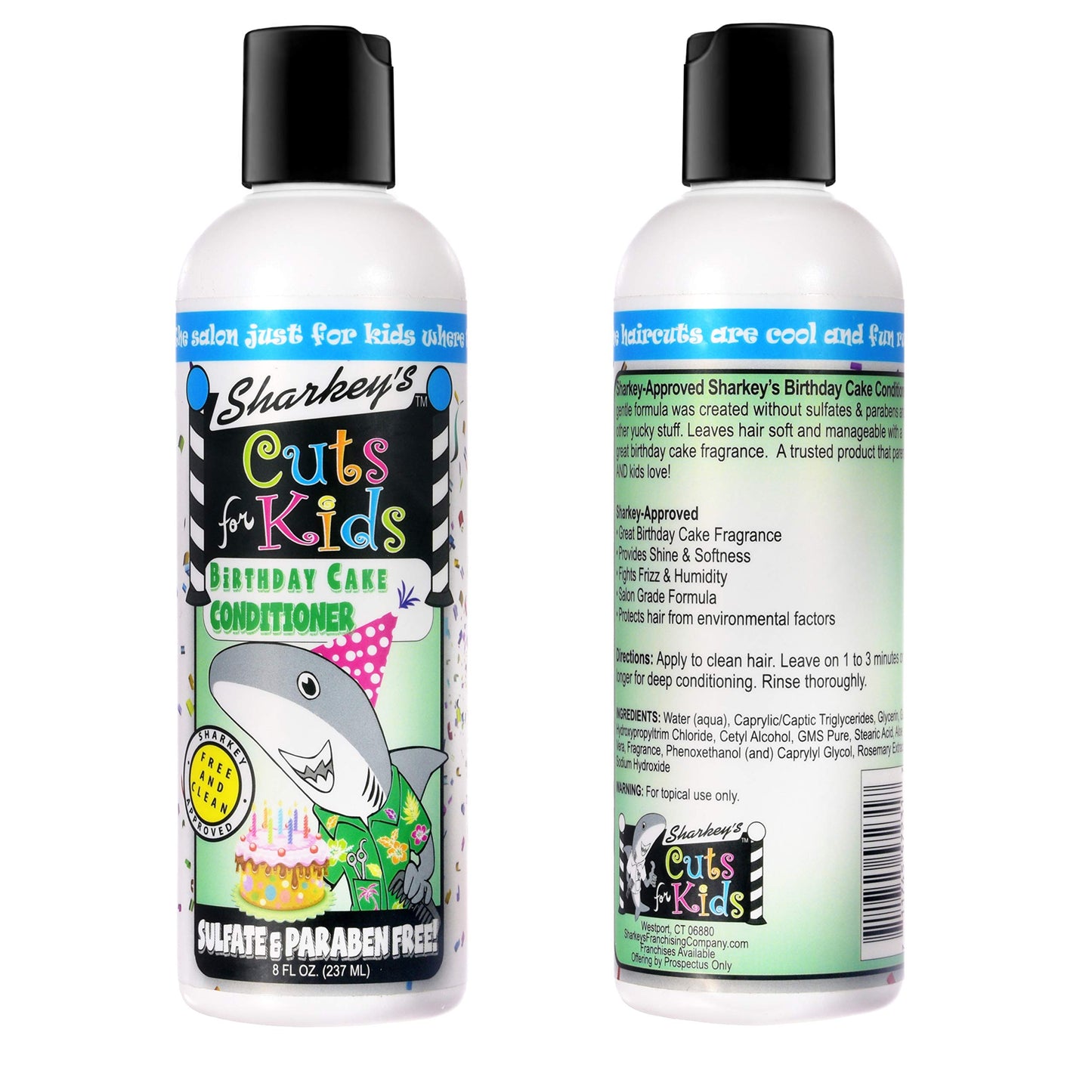 Sharkey's Birthday Cake Scented Kids Shampoo and Conditioner with Baby Shark Plush Backpack Clip or Lunchbox Clip - Sulfate Free and Paraben Free!