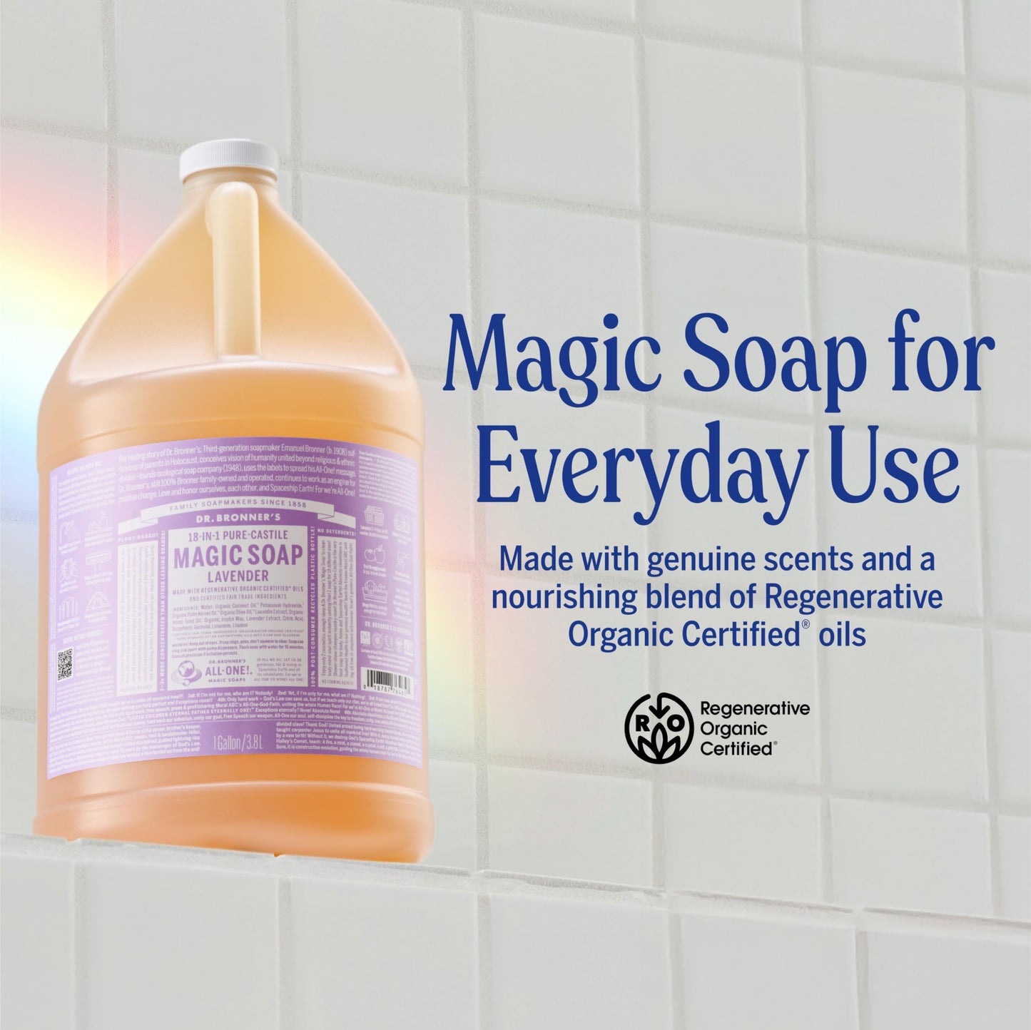 Dr. Bronner's Pure-Castile Magic Soap Liquid (Lavender, 1 Gallon) - Made with Regenerative Organic Certified Oils- For Face, Hair, Laundry, Dishes