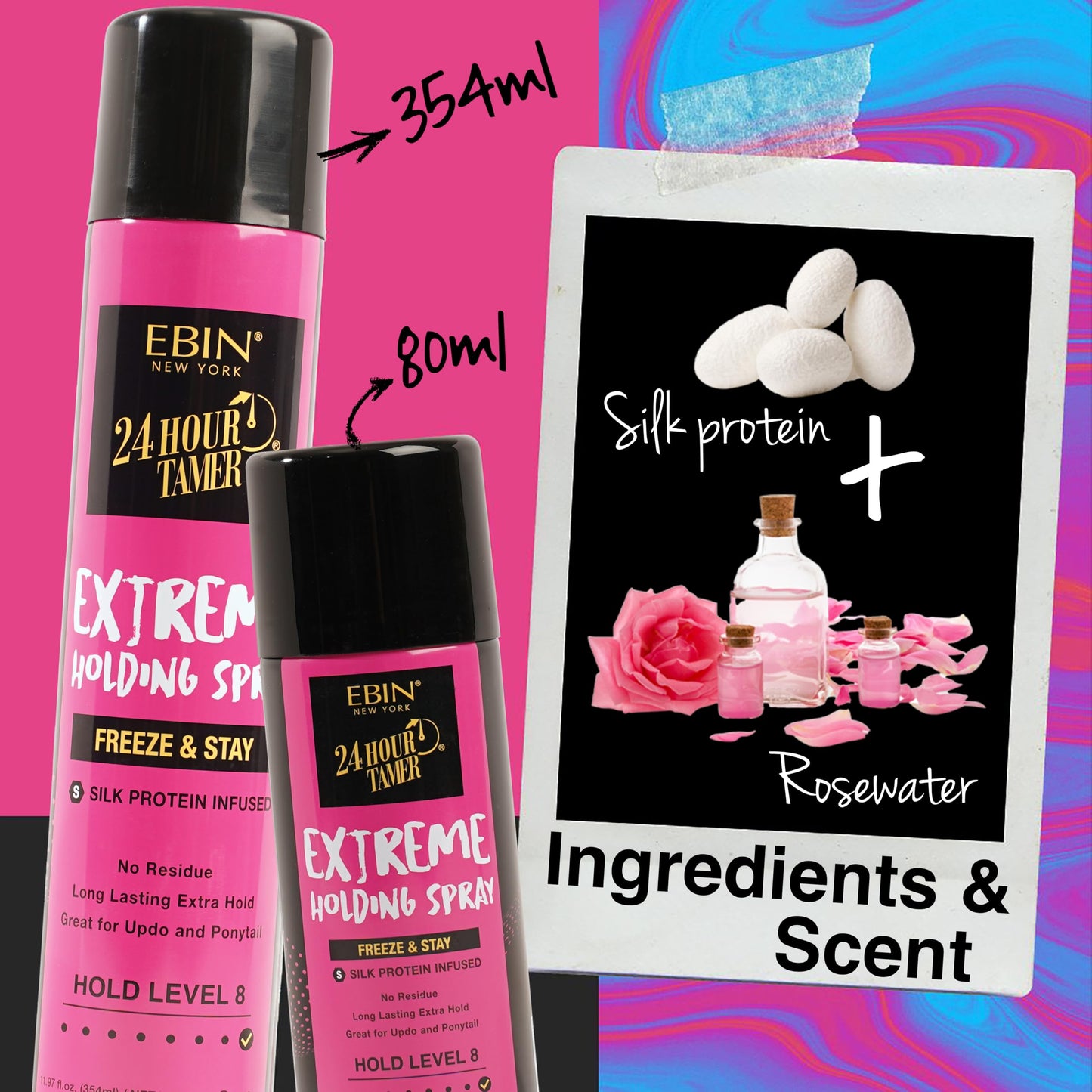 EBIN NEW YORK 24 Hour Tamer Intense Holding Spray - Freeze & Stay 1.94oz/ 80ml | Tames Frizz & Flyaway, Gives High Shine & Volume, All Day Hold