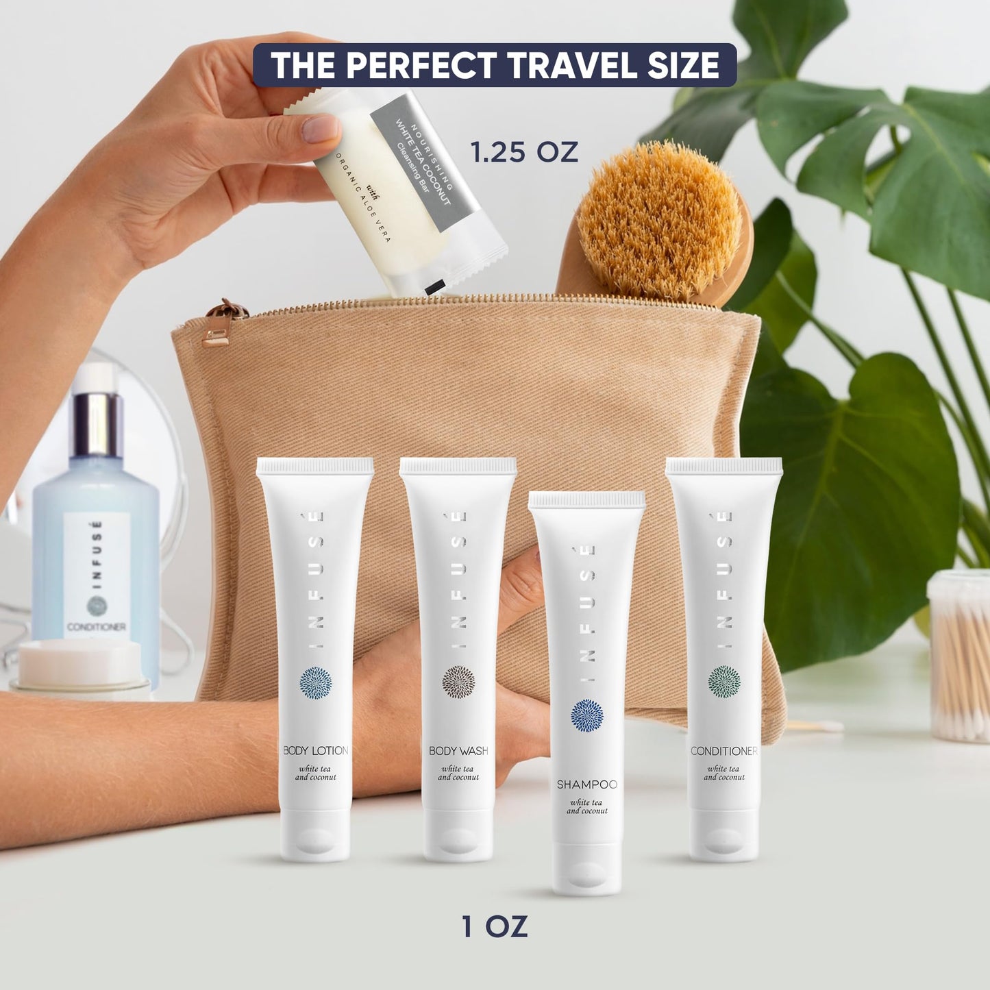 Infuse Pure White Tea and Coconut Hotel Soaps and Toiletries Bulk Set | 1-Shoppe All-In-Kit for Airbnb | 1oz Shampoo & Conditioner, Body Wash, Lotion