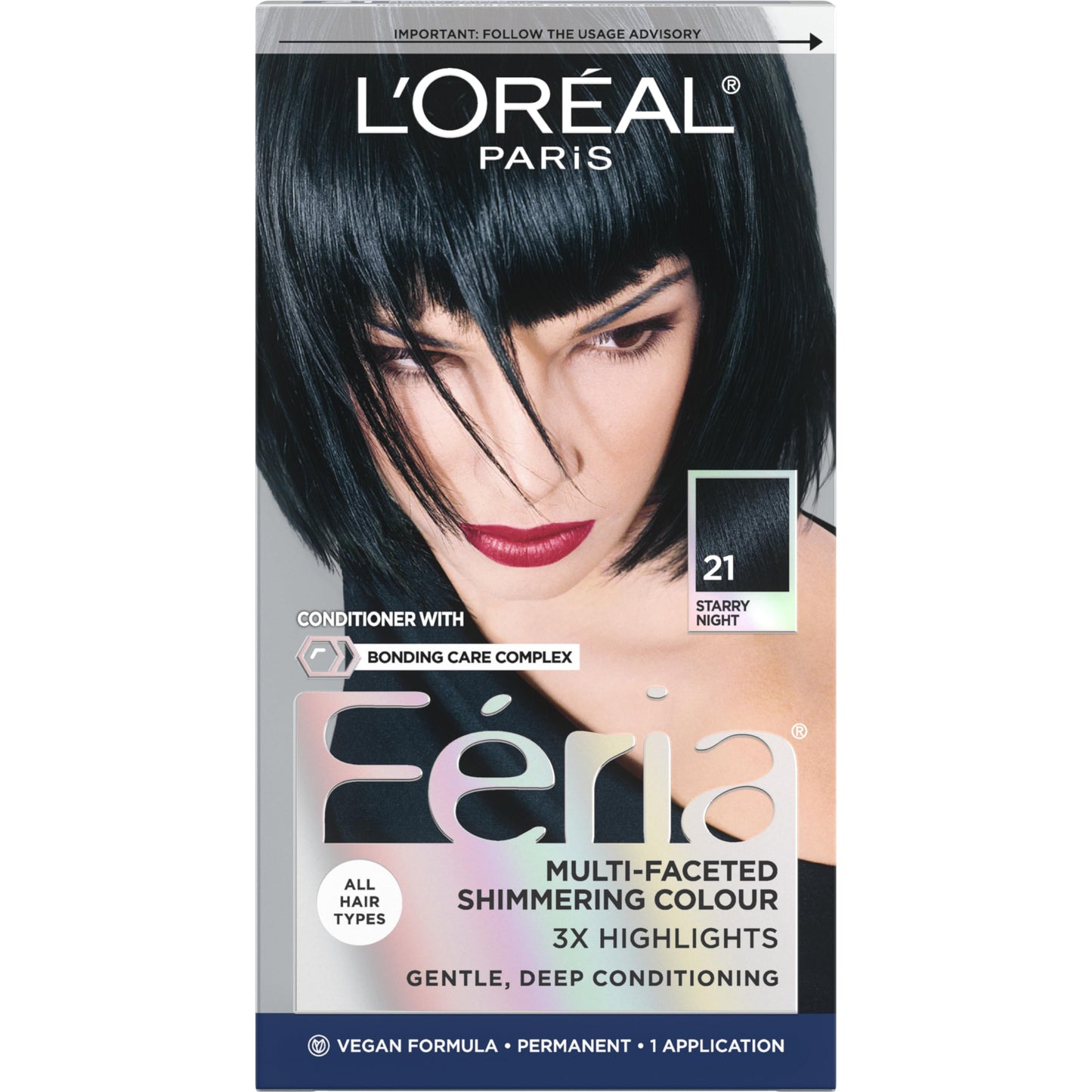 L'Oreal Paris Feria Multi-Faceted Shimmering Permanent Hair Color, 21 Starry Night (Bright Black), Pack of 1 Hair Dye Kit