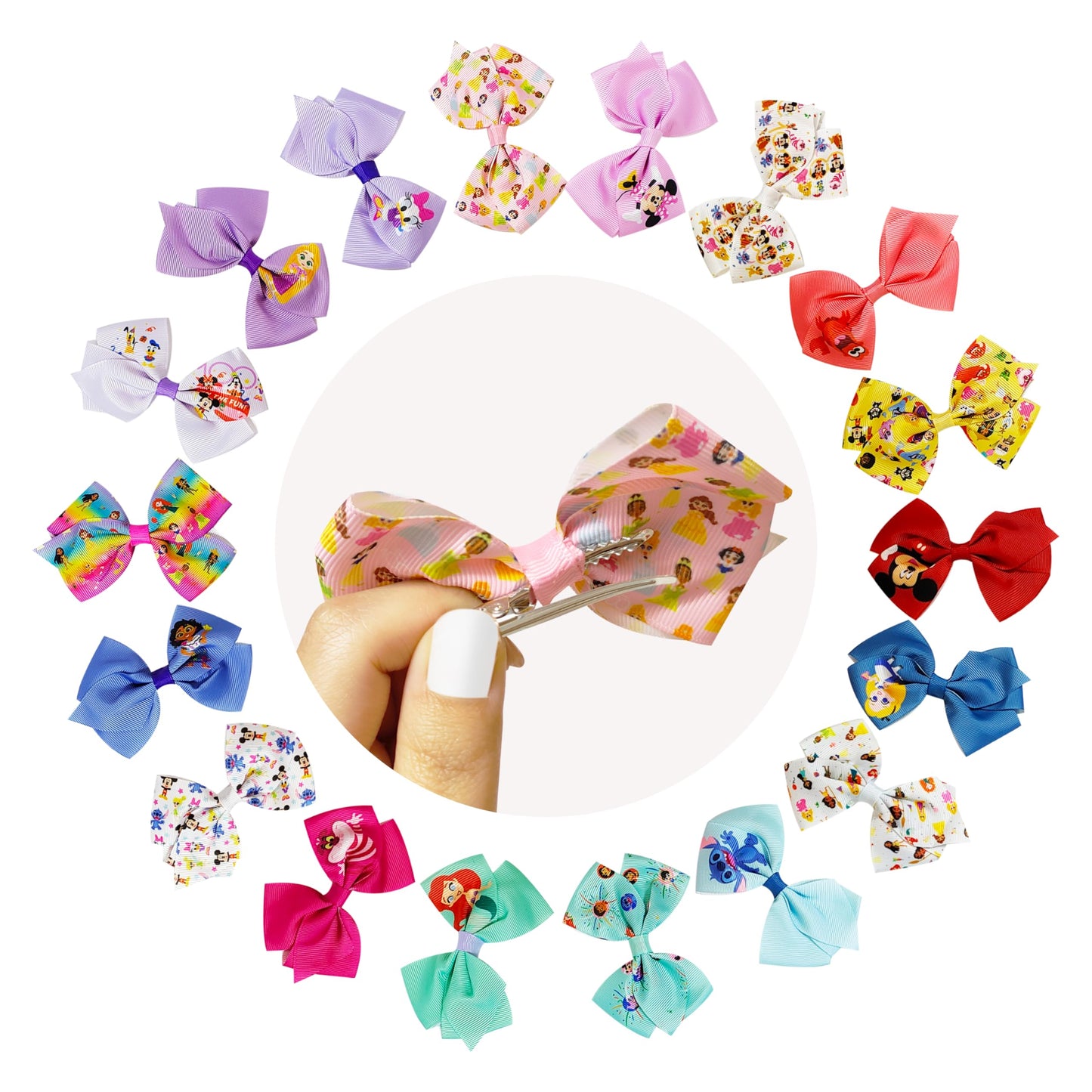 Disney 100th Anniversary Special Hair Accessory for Girls|18pc Disney Hair Bow Clips Featuring Favorite Characters with a String Bag Bow Holder
