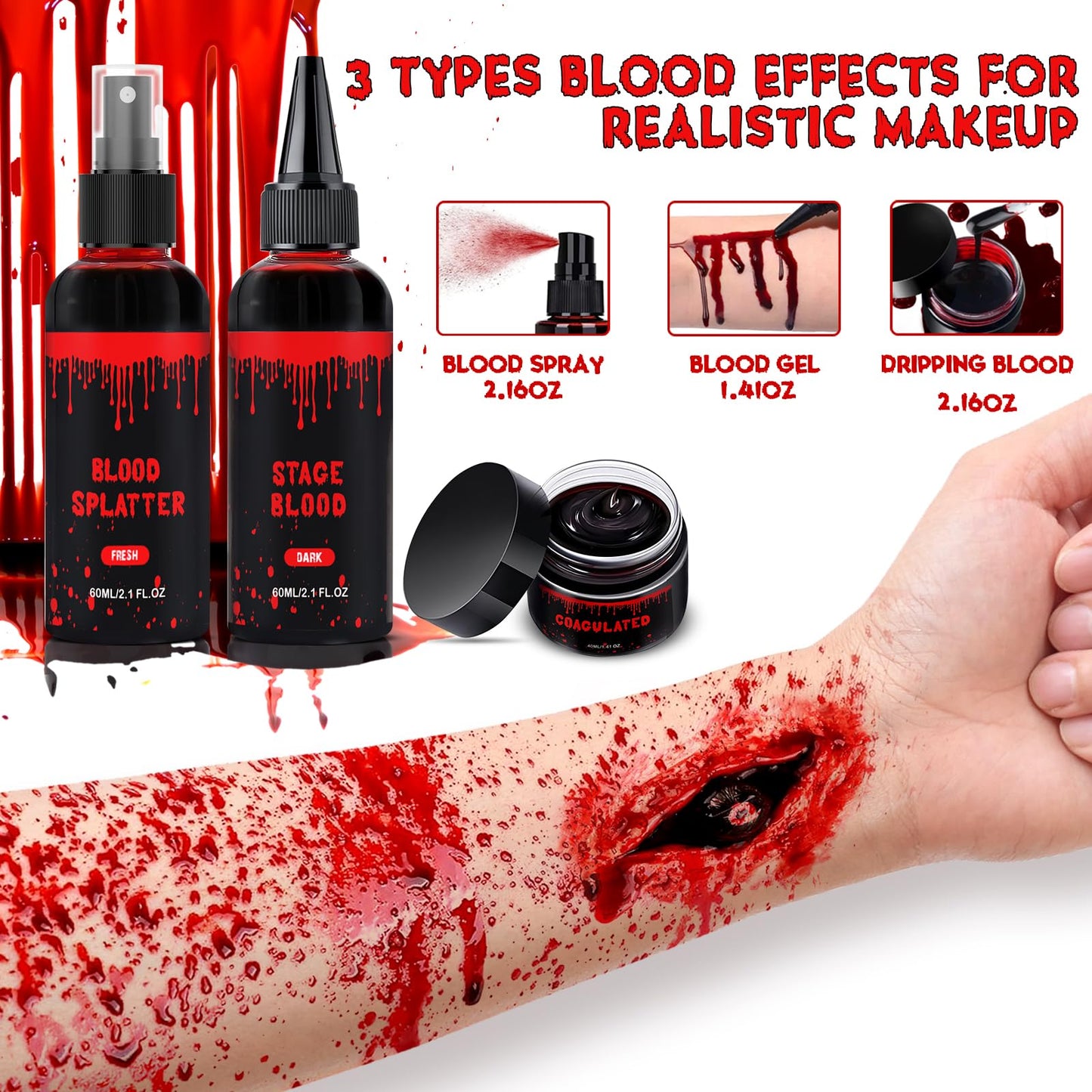 Halloween Fake Blood Makeup Kit, Blood Spray 2.1oz + Dripping 2.1oz + Coagulated 1.41oz(3PCS), Washable Realistic SFX Makeup for Cosplay, Clothes