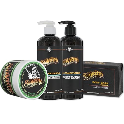 Suavecito Hair & Body Essentials Bundle: Matte Hair Styling Pomade, Moisturizing Body Soap, Hydrating Shampoo & Nourishing Conditioner…