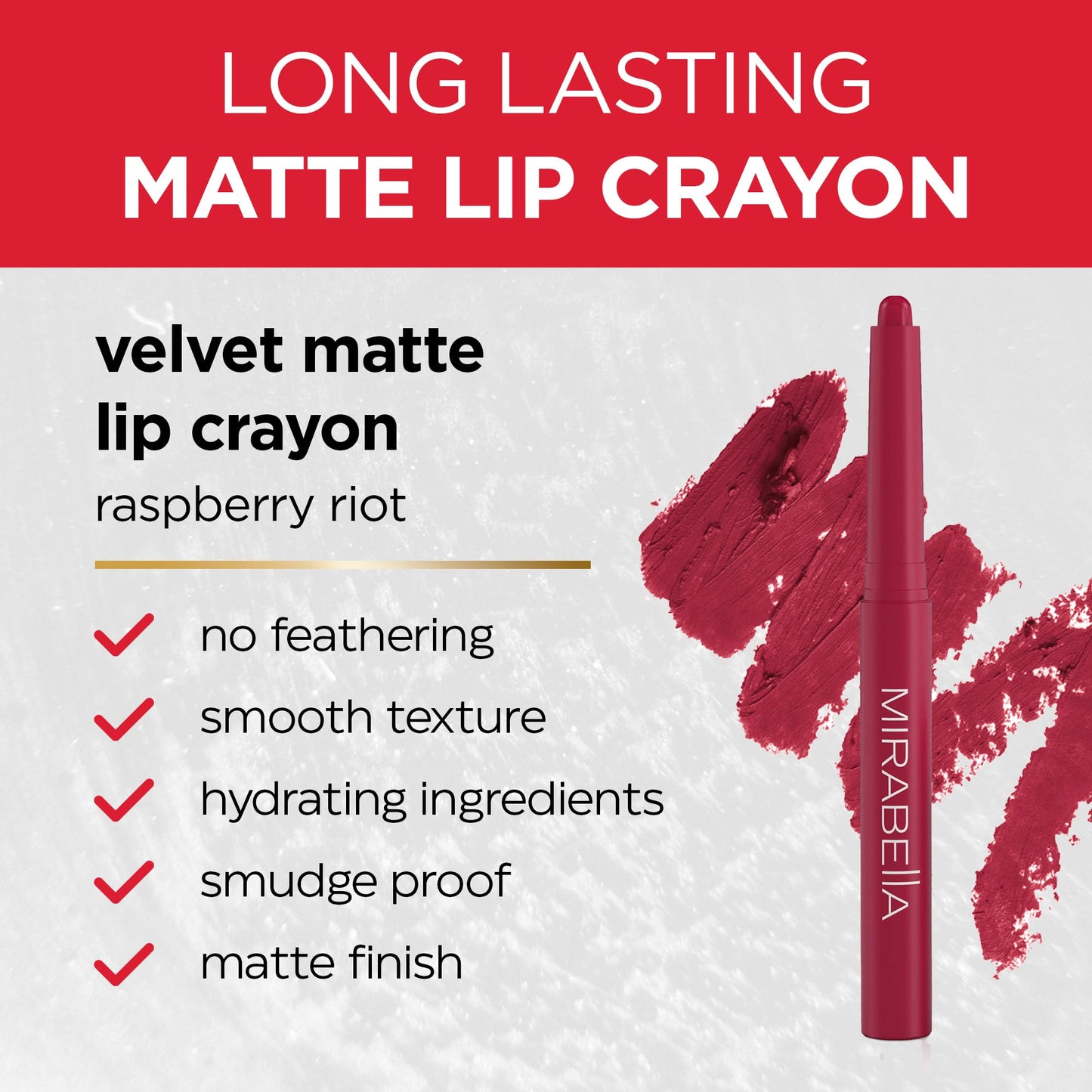 Mirabella - Velvet Matte Lip Crayon, Retractable Highly-Pigmented 2-in-1 Makeup, Long-Lasting Hydrating Lipstick Crayon + Lip Liner, Moisturizing