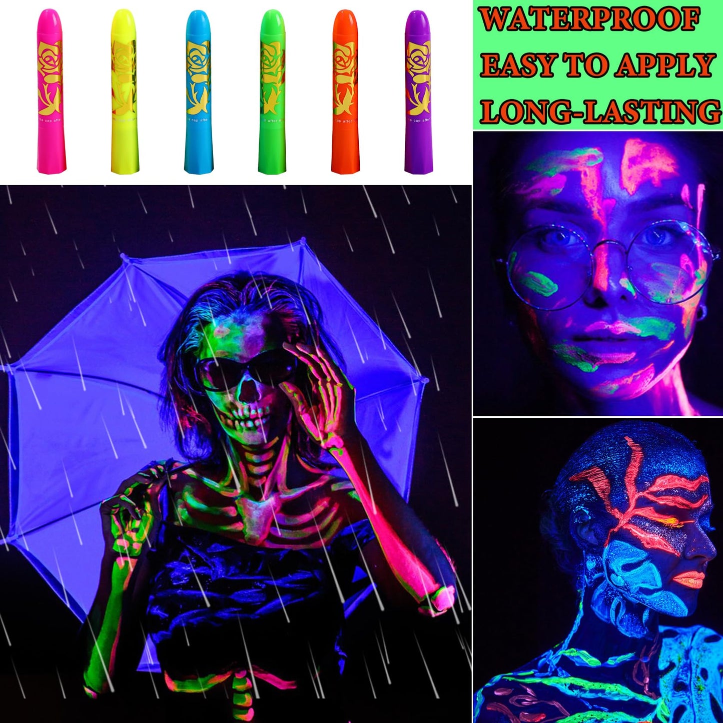 6 Pcs Glow in the Dark Face Body Paint,Blacklight Neon Face & Body Paints,Easily Cleanable Paint Set Neon Makeup Glow in the Dark Party Supplies A