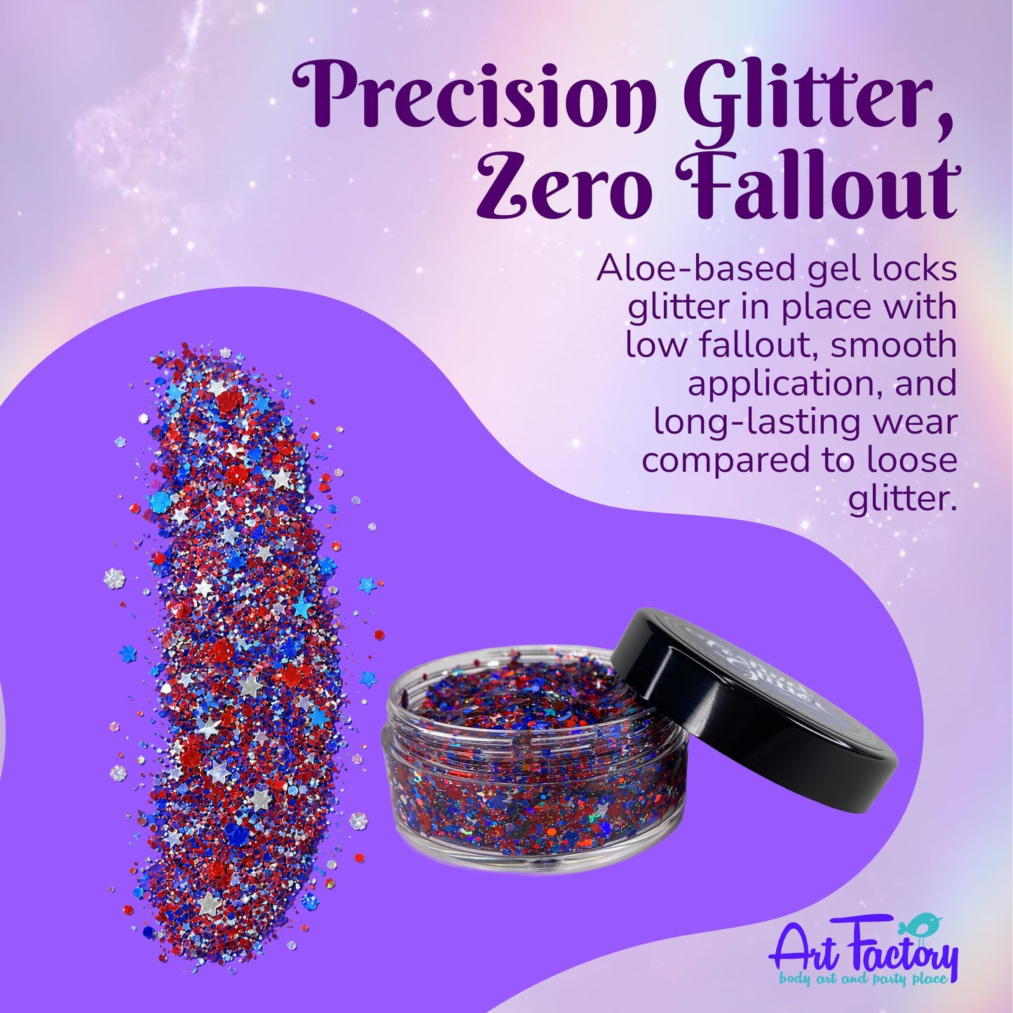 Art Factory Fireworks Body Glitter Gel - Red White and Blue Holographic Cosmetic Glitter for Face, Hair & Body - Patriotic Festival Rave Makeup, Long