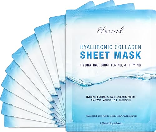 Ebanel 10 Pack Collagen Face Mask with Hyaluronic Acid, Vitamin C, Peptide, Aloe, Instant Brightening Hydrating Face Masks Skincare Korean Sheet Mask