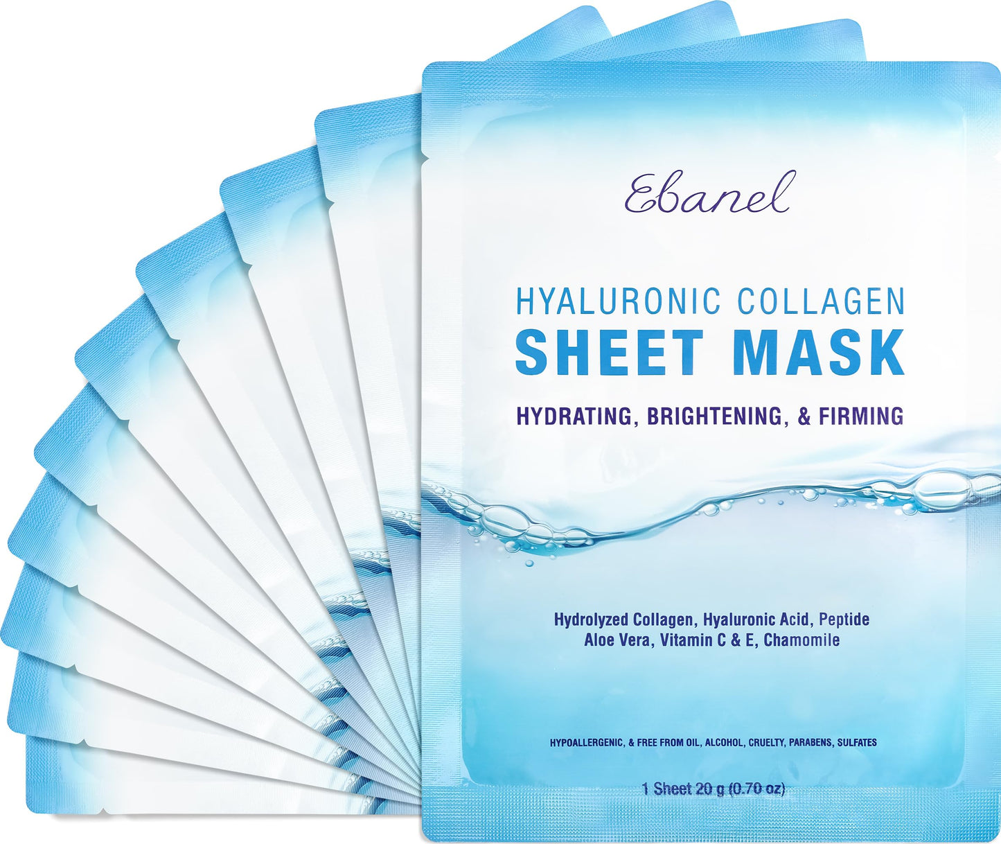 Ebanel 10 Pack Collagen Face Mask with Hyaluronic Acid, Vitamin C, Peptide, Aloe, Instant Brightening Hydrating Face Masks Skincare Korean Sheet Mask
