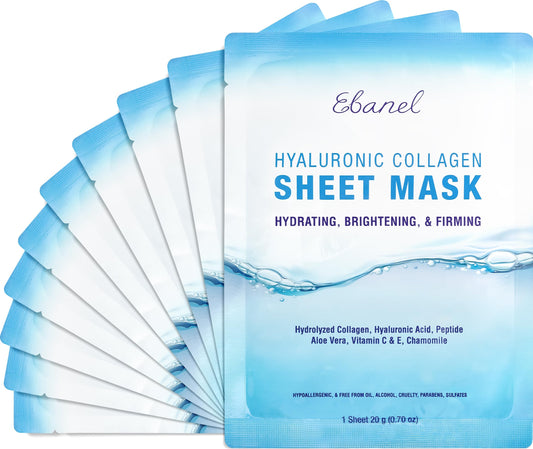 Ebanel 10 Pack Collagen Face Mask with Hyaluronic Acid, Vitamin C, Peptide, Aloe, Instant Brightening Hydrating Face Masks Skincare Korean Sheet Mask