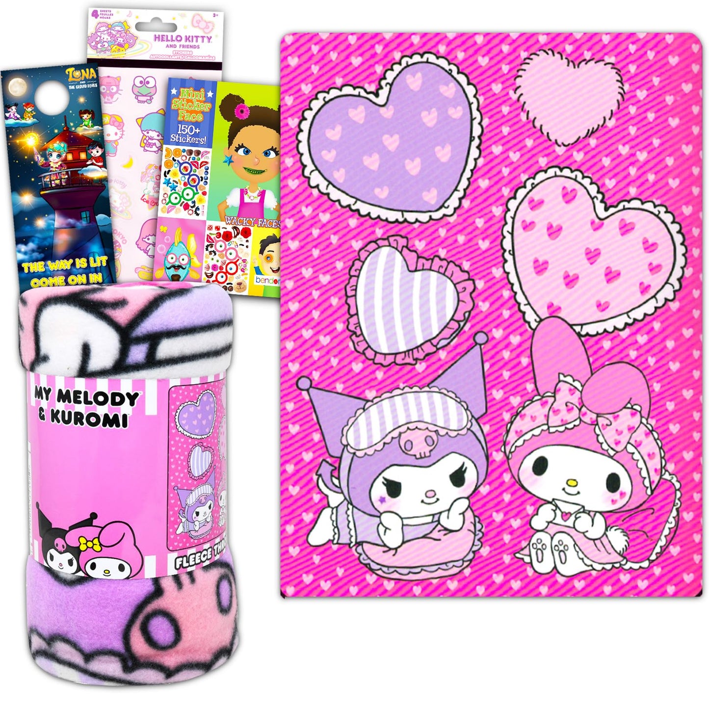 Hello Sanrio Sanrio Hello Kitty Fleece Blanket Set - My Melody and Kuromi Blanket Bundle with Hello Kitty Stickers and More for Kids Full
