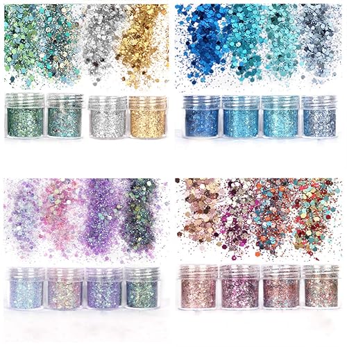 Unime Body Glitter 16 Colors Chunky Glitter for Body Face Hair Make Up Nail Art Mixed Color Glitter