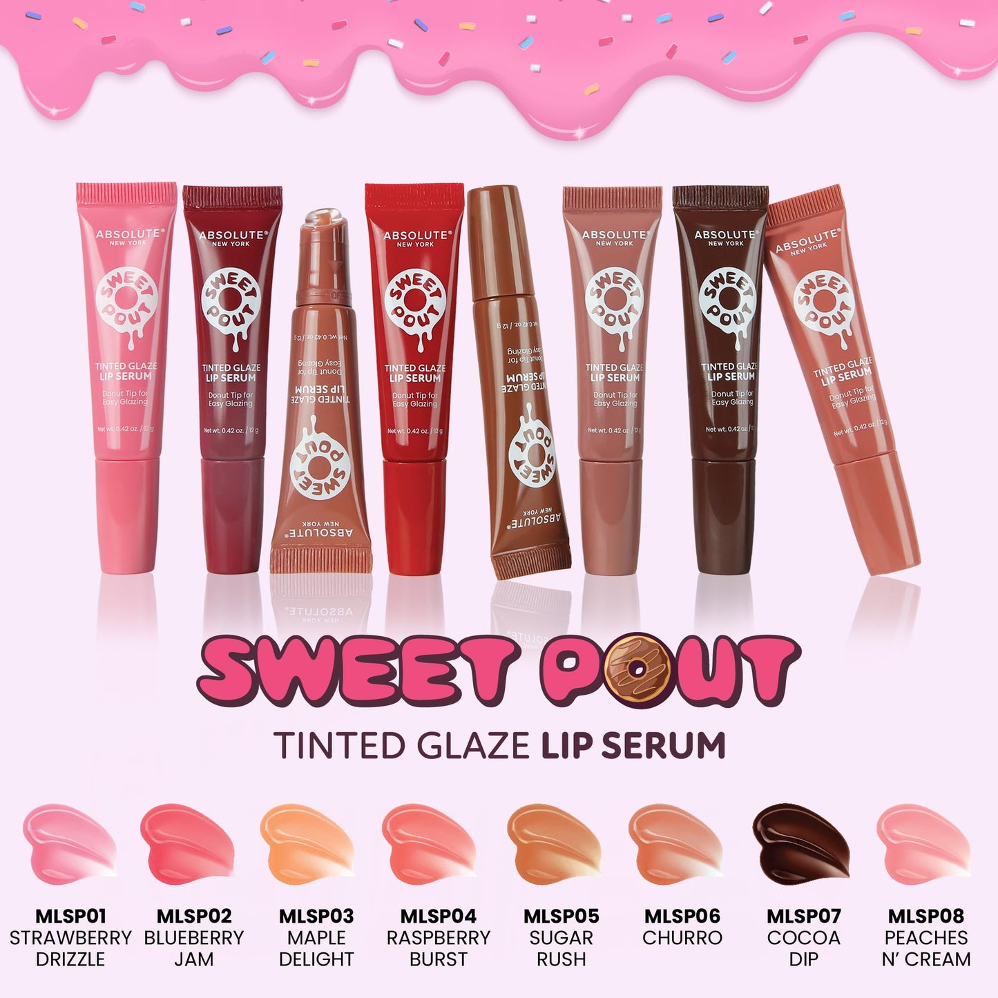 Absolute New York Sweet Pout Tinted Glaze Lip Serum, Donut Tip Applicator, Hydrating Formula with Peptides, Vitamin E and Jojoba Seed Oil (Blueberry