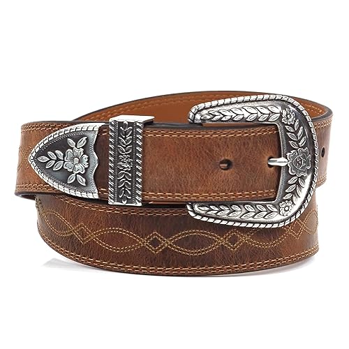 ARIAT Women's Center Stitch Leather Tapered Belt with Removable Antiqued Silver Buckle (Brown, Size 34)