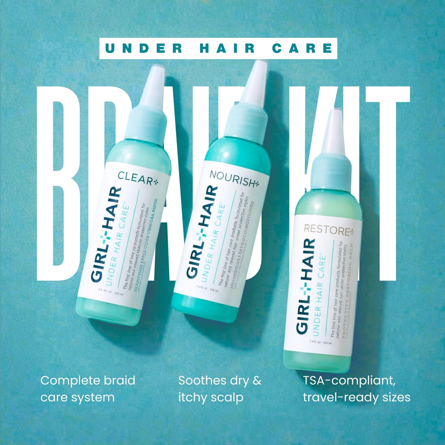 GIRL+HAIR Ultimate Braid Care Travel Set | Maintain Healthy Hair & Scalp with Clear + Nourish + Restore | Maximize Hair Strength | TSA Compliant (3 x
