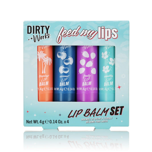 Dirty Works Feed My Lips, Lip Balm Set, 4 x 4g Nourishing, Hydrating Lip Salve Tubes Gift Set, Variaty of Fruity and Flavours Beauty and Personal Care Dirty Works