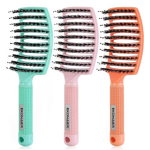EKONAER 3 Pack Vented Quick Drying Massage Blow Detangler Brush,Boar Bristle Hair Brush Set-Curved,Detangling Hair Brush for Women Long,Thick, Thin
