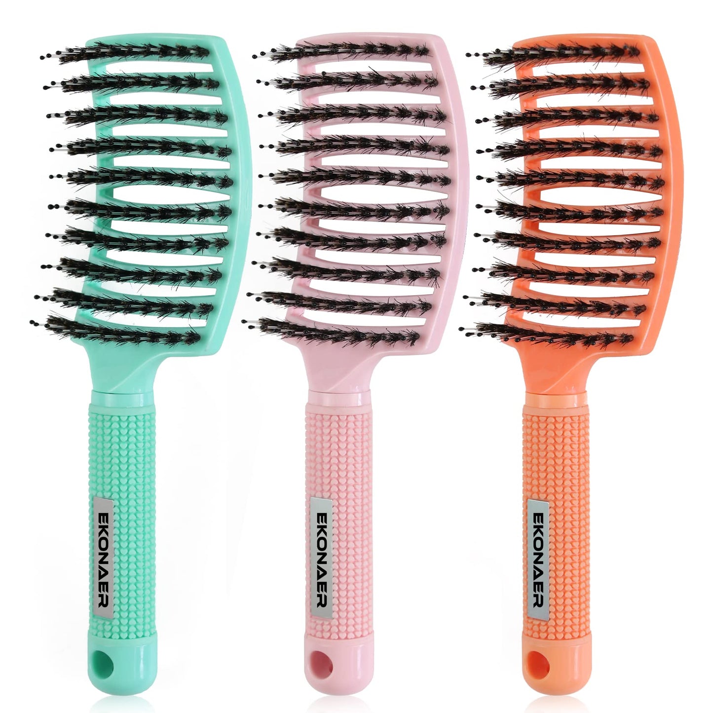 EKONAER 3 Pack Vented Quick Drying Massage Blow Detangler Brush,Boar Bristle Hair Brush Set-Curved,Detangling Hair Brush for Women Long,Thick, Thin