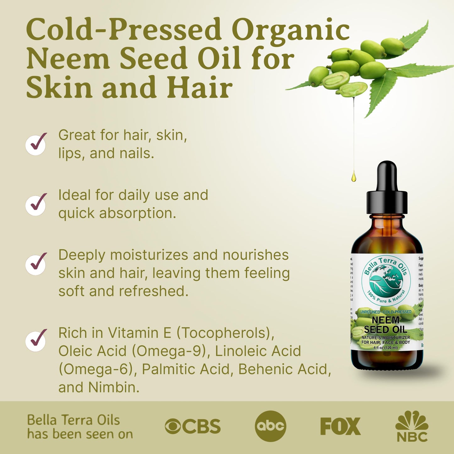 Bella Terra Oils - Organic Neem Seed Oil 8 oz - Harnessing the Power of Organic Neem Seeds, Rich in Stearic Acid, A Luxurious Elixir for Natural Skin