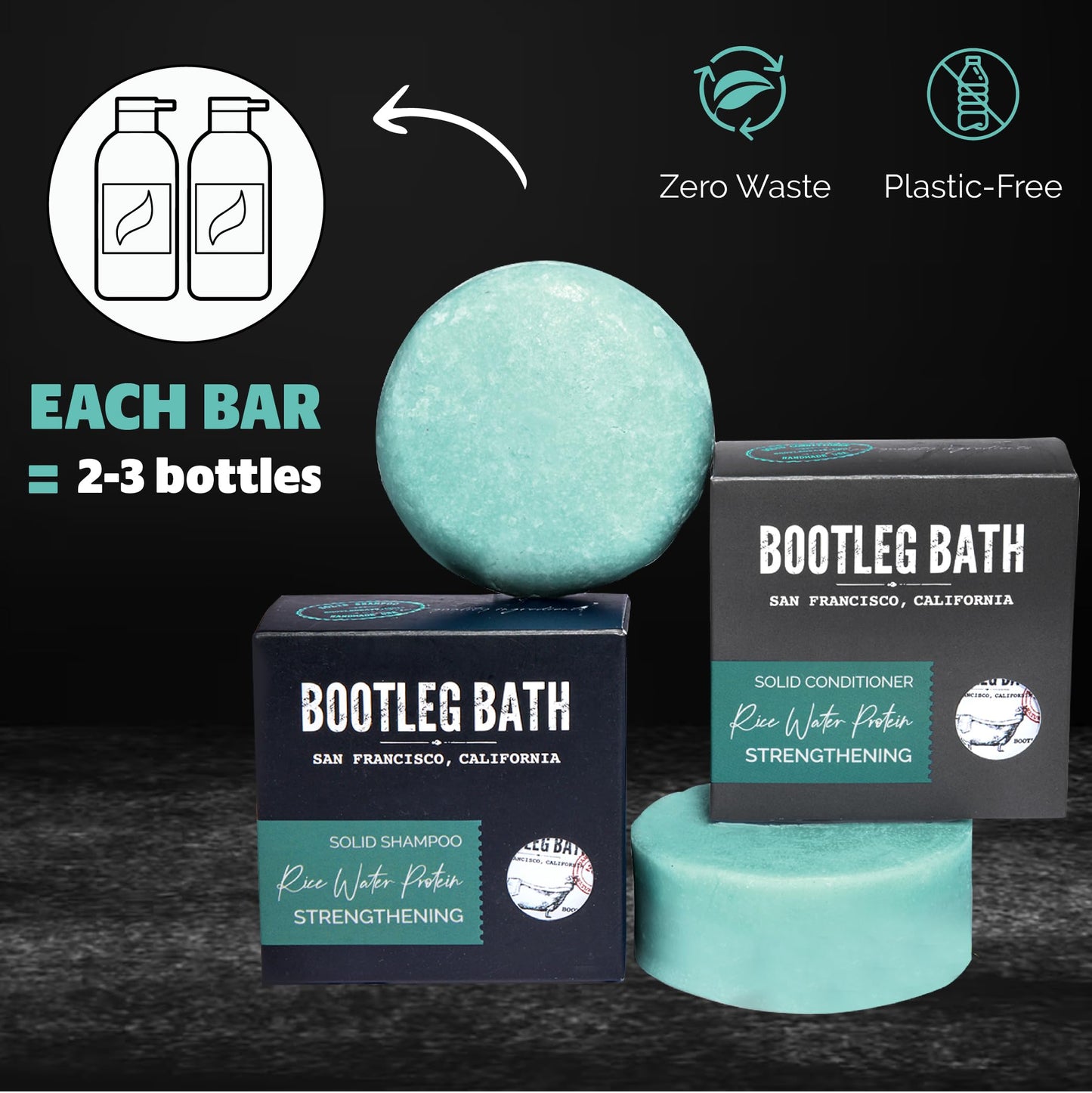 BOOTLEG BATH Strengthening Shampoo and Conditioner Bar Set with Rice Water Protein and Argan Oil, Vegan, Sulfate-Free, Phthalate-Free, Paraben-Free
