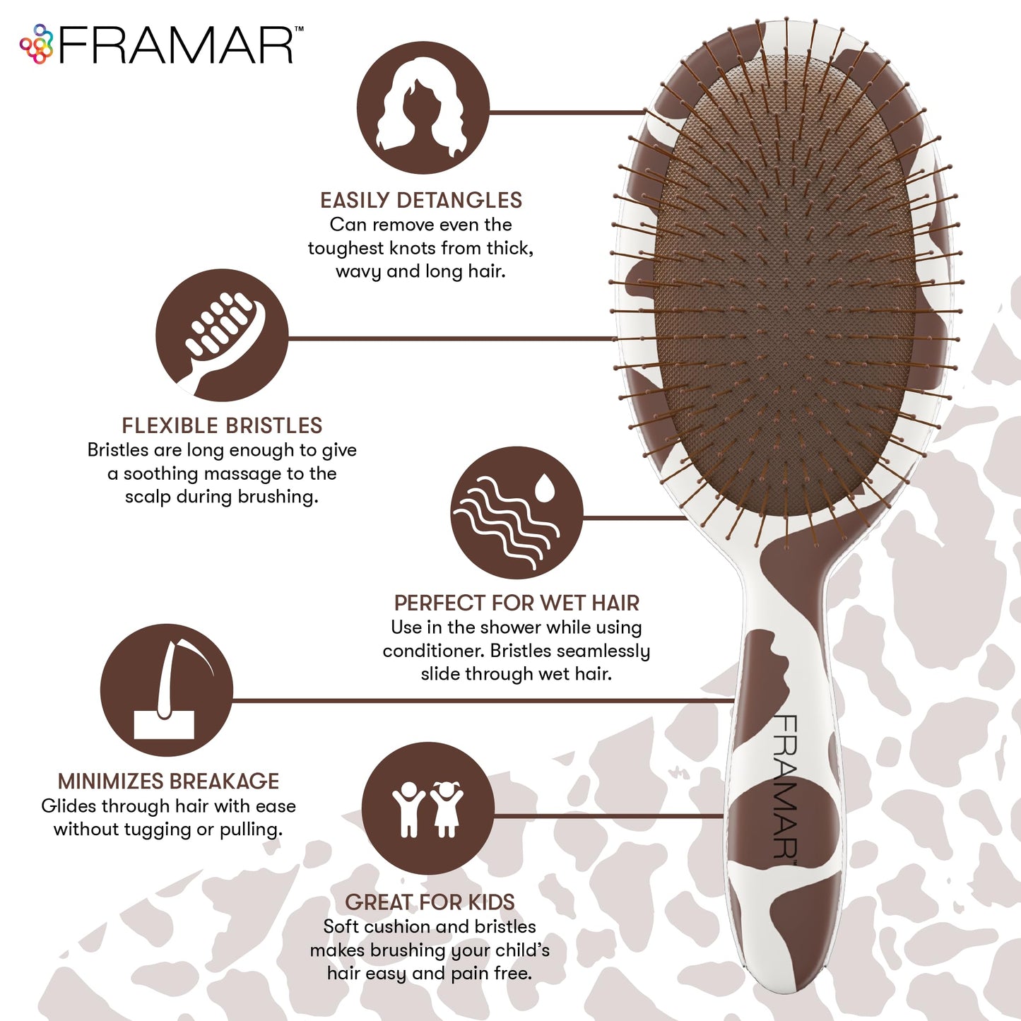 FRAMAR Cow Print Hair Brush Detangler, Detangling Hairbrush For Women, Wet Hair Brush For Girls, Hair Detangler Brush, Wet Hairbrush, Hairbrushes