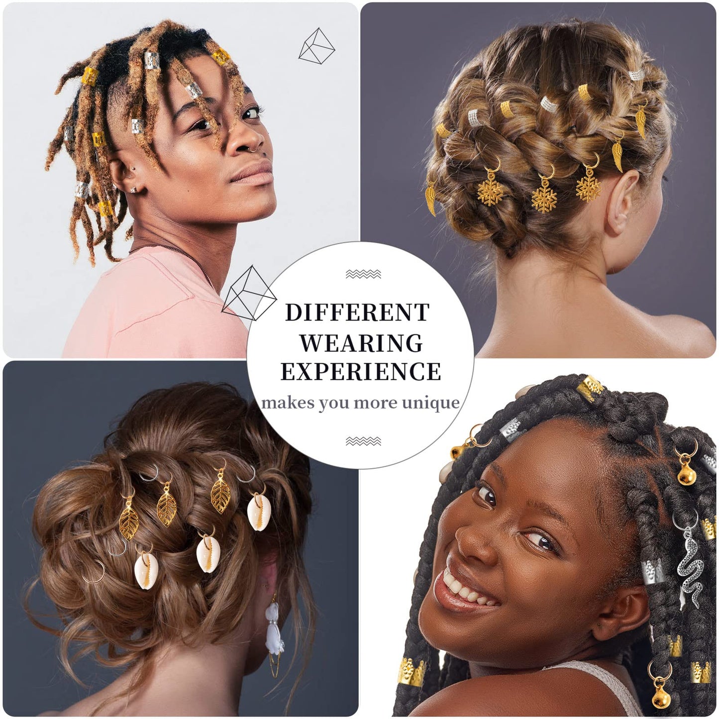 Vaikby 201PCS Hair Jewelry Beads for Braids, Gold and Silver Hair Dreadlock Accessories, Metal Hair Rings, Hair Charms Pendants, Braid Cuffs Clips