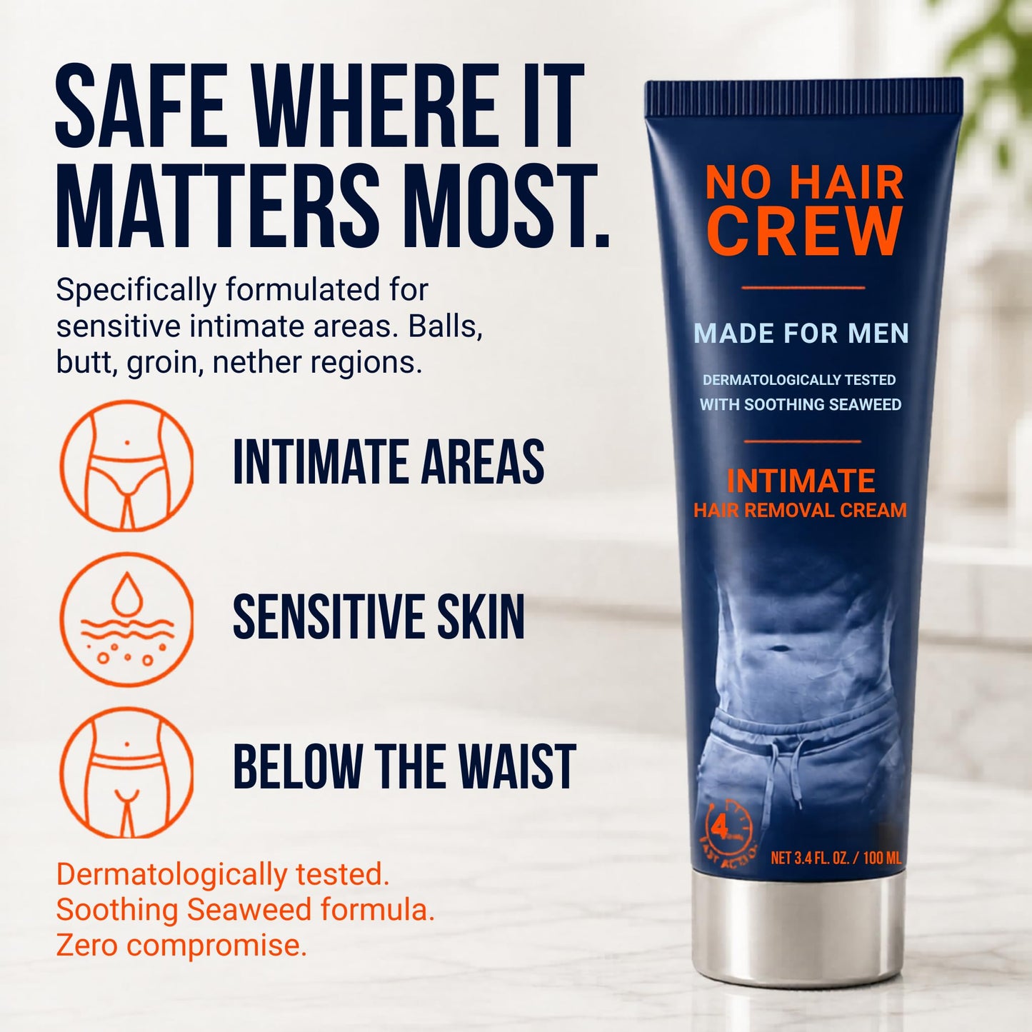 No Hair Crew Intimate/Private At Home Hair Removal Cream for Men - Painless, Flawless, Soothing Depilatory for Unwanted Coarse Male Body Hair, 100ml Beauty and Personal Care NO HAIR CREW