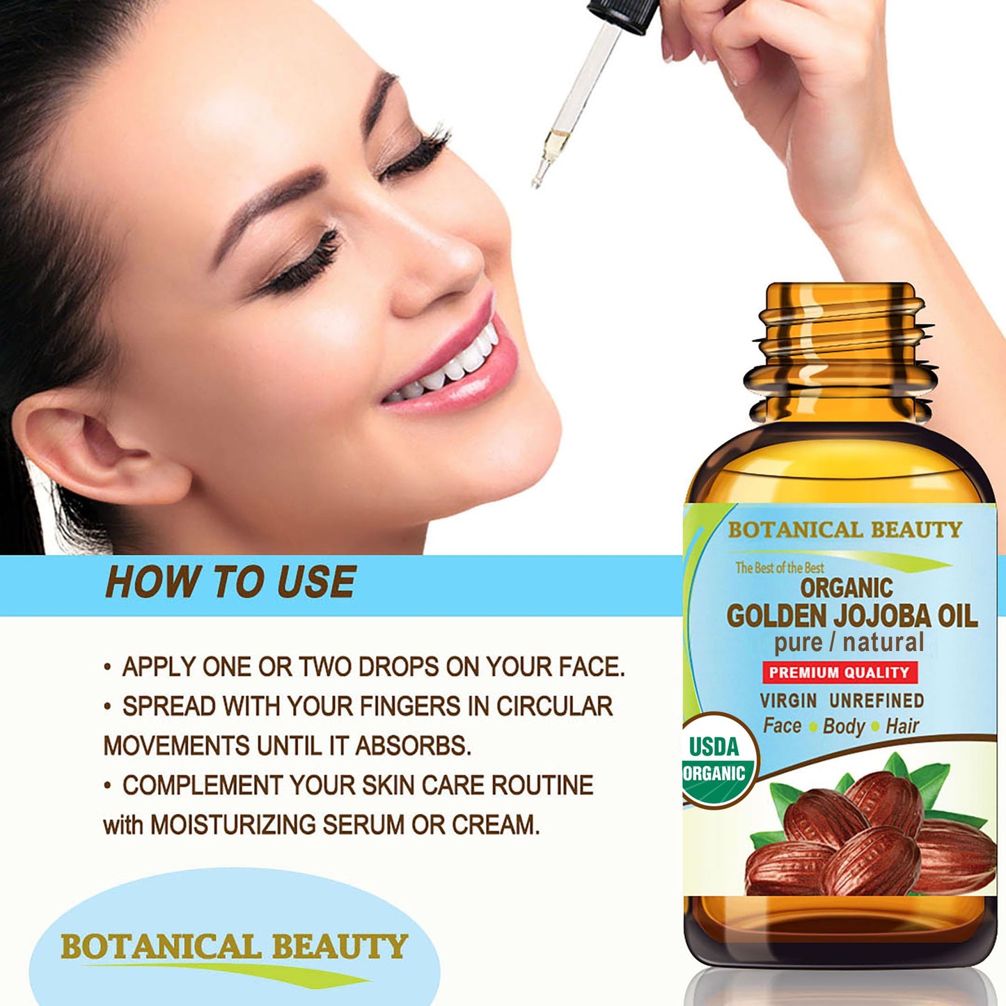 Botanical Beauty Organic JOJOBA OIL 100% Pure Natural VIRGIN UNREFINED Cold-Pressed Carrier Oil 0.5 Fl oz 15 ml for Face, Skin, Body, Hair, Lip