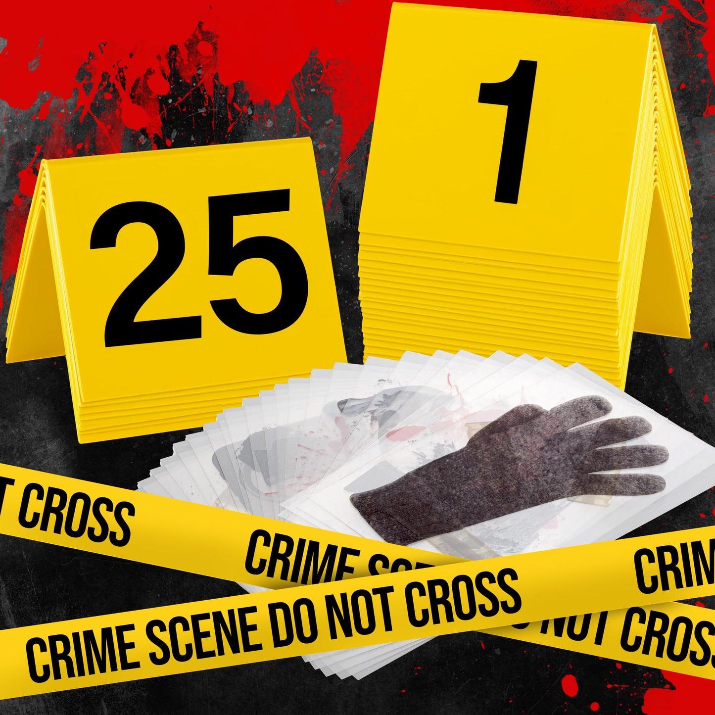 Halloween Crime Scene Decorations Kit – Mystery Party Supplies with Crime Scene Tape, 25 Yellow Evidence Markers & 25 Crime Object Cards