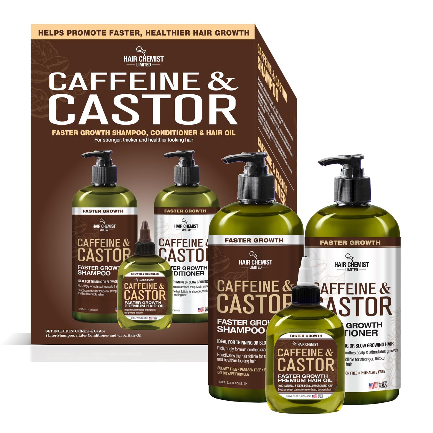 Hair Chemist Caffeine & Castor Large Shampoo/Conditioner/Hair Oil 3-PC Boxed Gift Set - Sulfate Free Shampoo & Conditioner for Growth