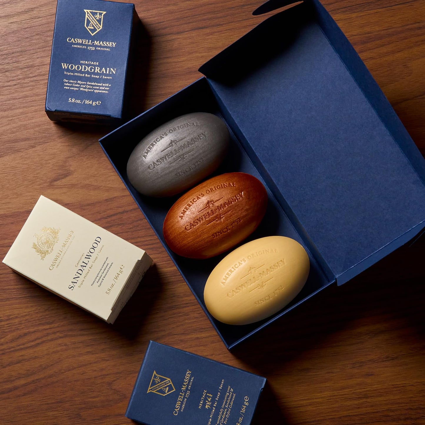 Caswell-Massey Men’s Bar Soap Gift Set - 2571, Woodgrain & Sandalwood - Moisturizing Triple-Milled Body Wash Bars for All Skin Types, Plant-Based