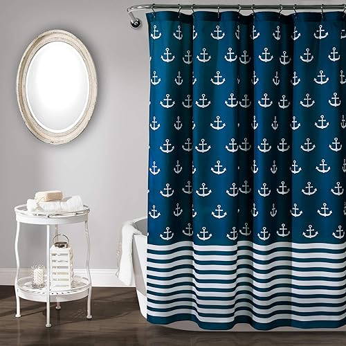 Lush Decor Shower Curtain, Beach-Themed Bathroom Accessories (Navy Blue, Anchor Print) 72" x 72"