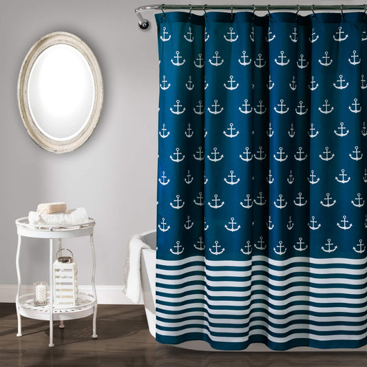 Lush Decor Shower Curtain, Beach-Themed Bathroom Accessories (Navy Blue, Anchor Print) 72" x 72"