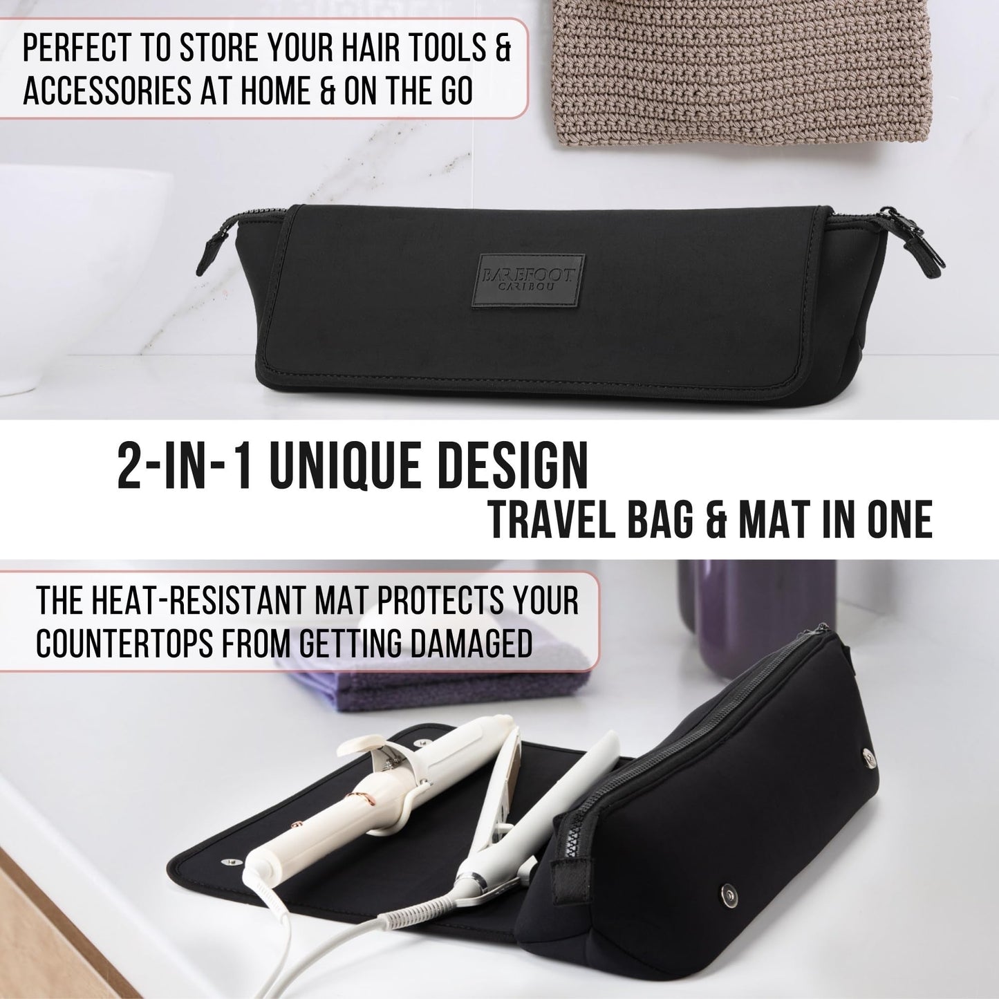 BAREFOOT CARIBOU Hair Tools Travel Bag and Heat Resistant Mat (15.5") for Flat Irons, Straighteners, Curling Iron, Haircare Accessories, 2-in-1 Beauty and Personal Care BAREFOOT CARIBOU