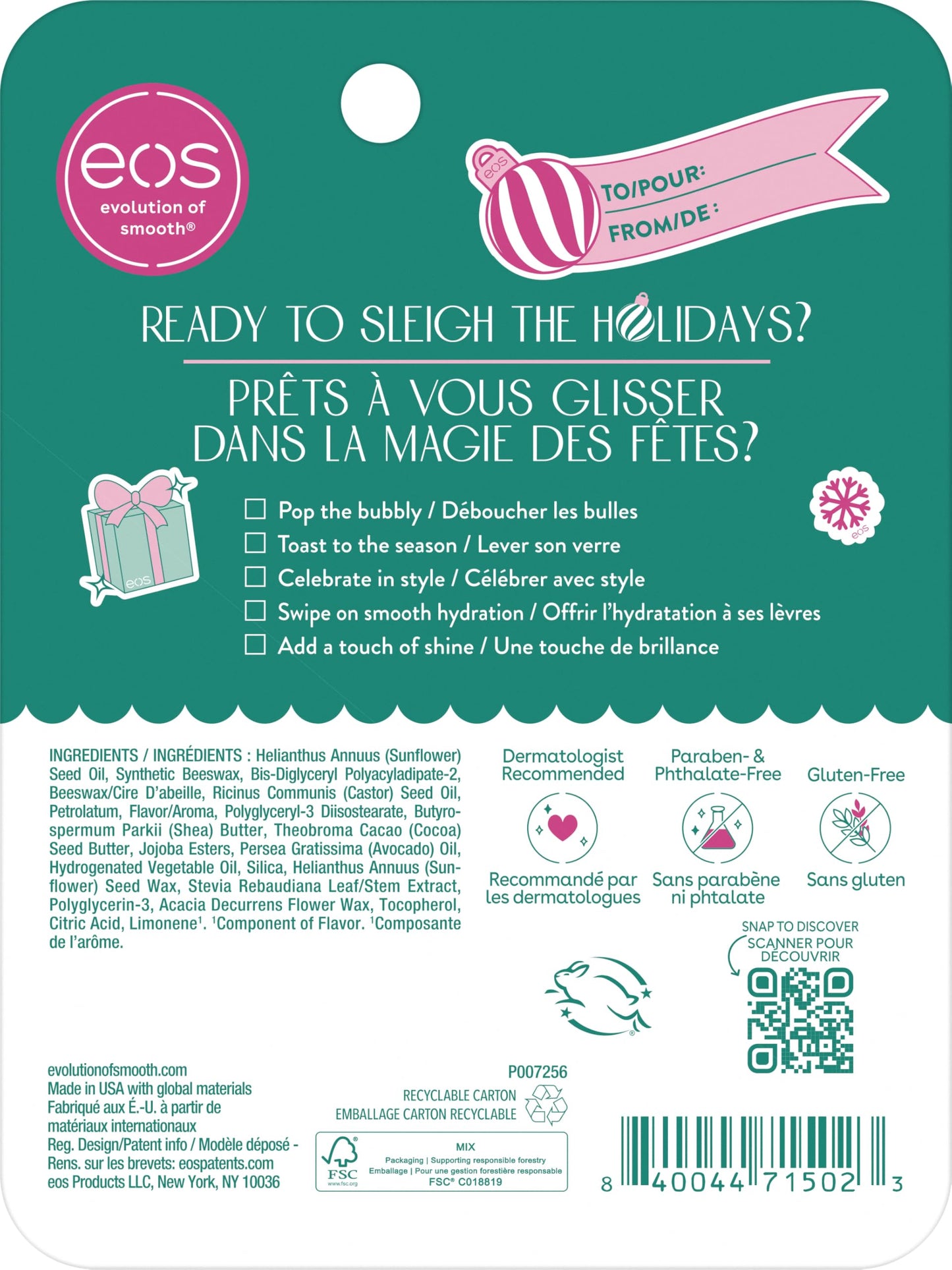 eos Holiday 24H Moisture Super Balm Gift Set, Pink Champagne & Candy Cane Swirl, Limited Edition, Stocking Stuffers, Holiday Lip Mask, 0.35 fl oz