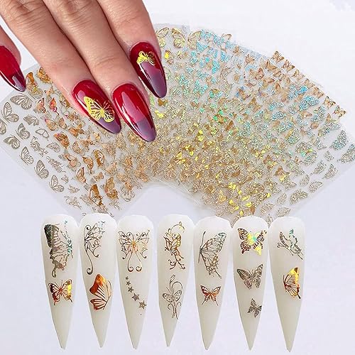 8 Sheets Butterfly Nail Adhesive Sticker - Laser Craft Glitter Gold and Silver Shapes for Art Design and Decoration - 3D Luxury Foils for Acrylic