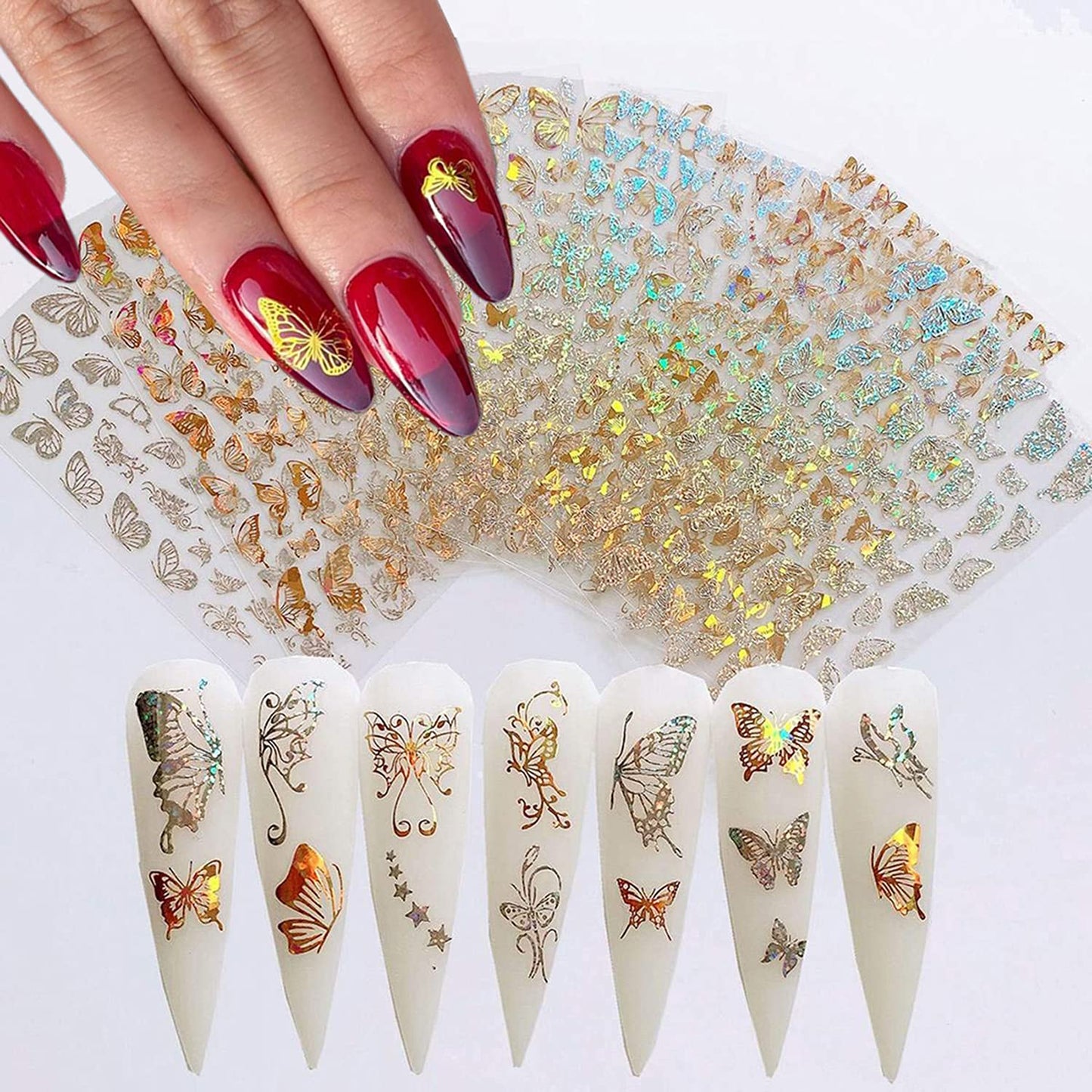 8 Sheets Butterfly Nail Adhesive Sticker - Laser Craft Glitter Gold and Silver Shapes for Art Design and Decoration - 3D Luxury Foils for Acrylic