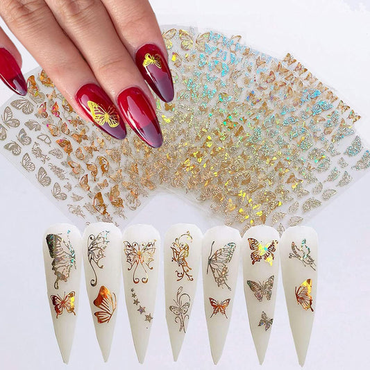 8 Sheets Butterfly Nail Adhesive Sticker - Laser Craft Glitter Gold and Silver Shapes for Art Design and Decoration - 3D Luxury Foils for Acrylic Beauty & Personal Care TBRZTR