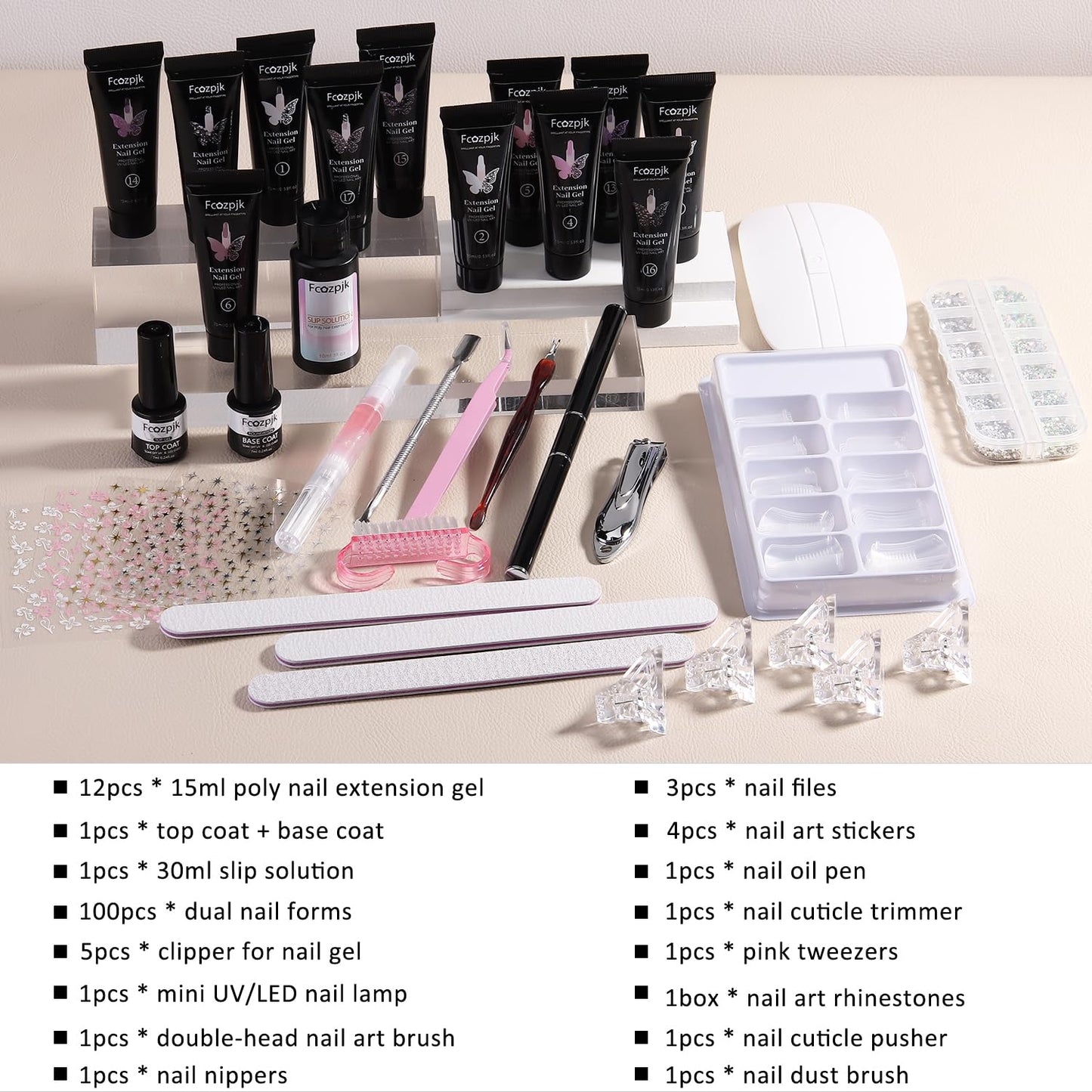 Fcozpjk Poly Nail Gel Kit with UV Light, 12 Colors Clear Nude Pink Iridescent Glitter Extension Gel Builder Gel Starter Kit Base Top Coat Set Slip Beauty and Personal Care Fcozpjk