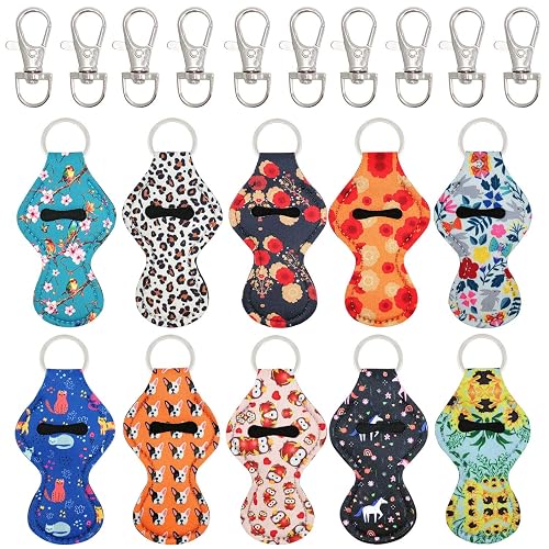 allydrew 10 Pack Chapstick Holder Keychain, Keyring for Lip Balm Lip Gloss Lipstick with 10 Pieces Metal Keyring Clasps, Fun collection