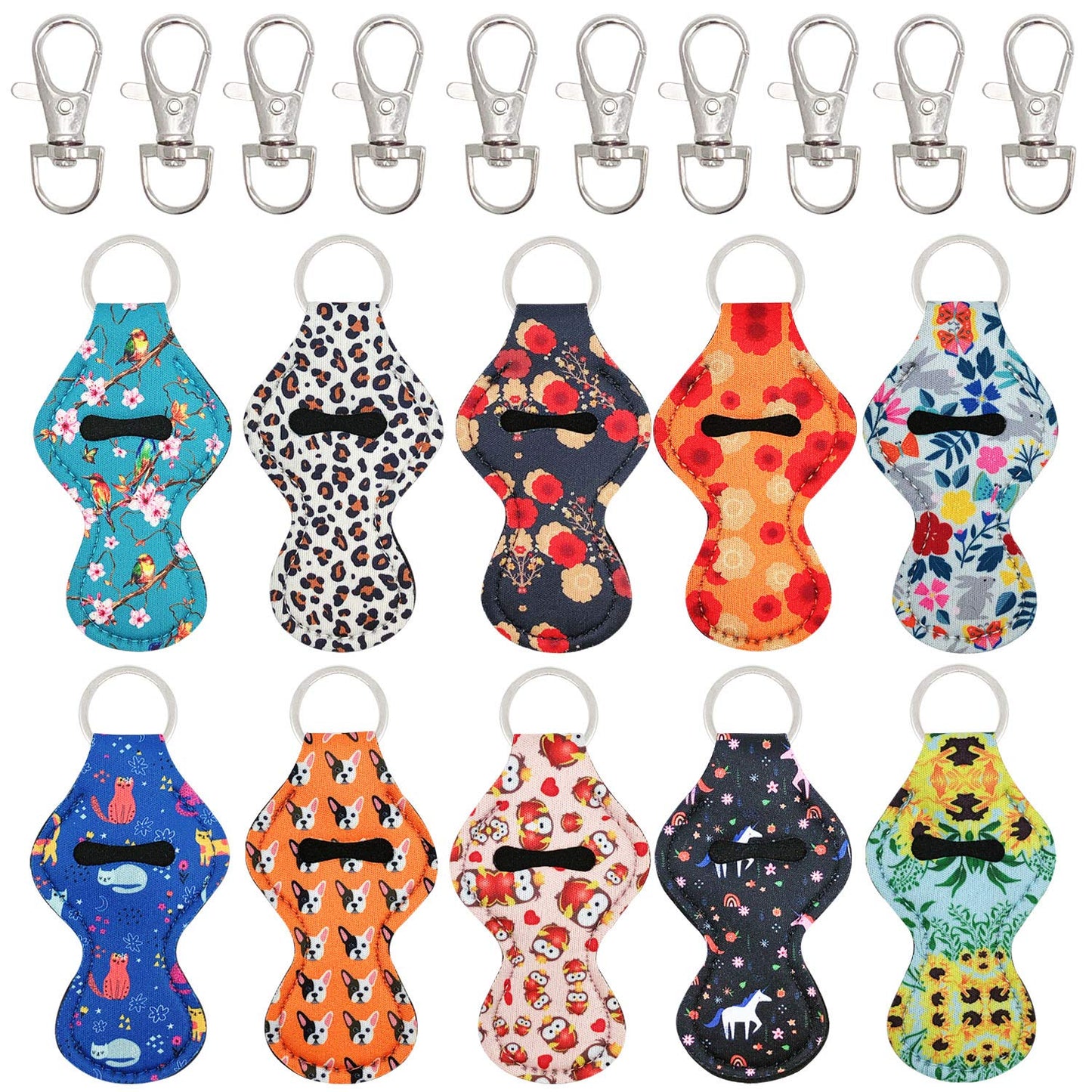 allydrew 10 Pack Chapstick Holder Keychain, Keyring for Lip Balm Lip Gloss Lipstick with 10 Pieces Metal Keyring Clasps, Fun collection