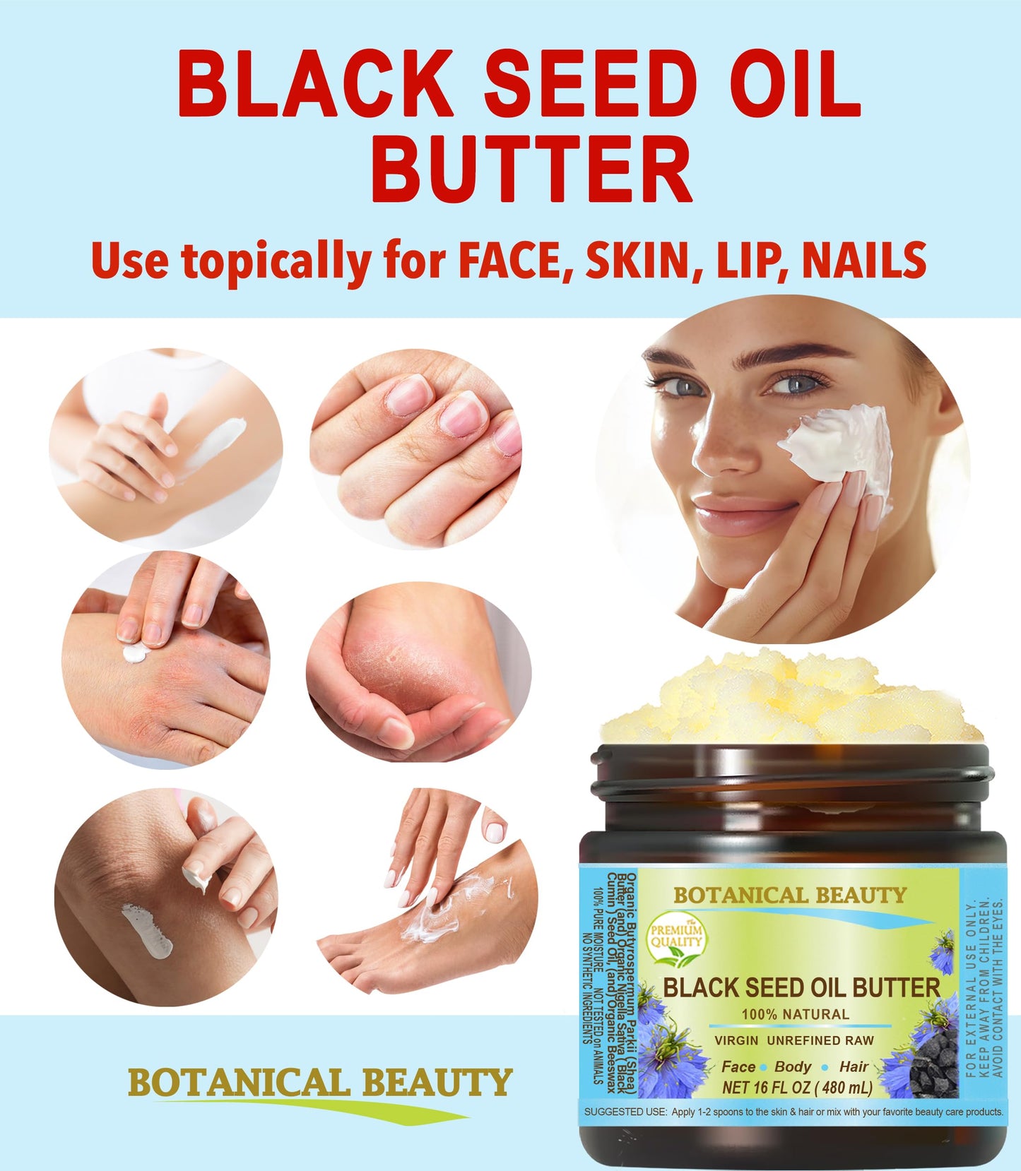 Botanical Beauty BLACK SEED OIL BUTTER 100% Natural Pure Virgin Unrefined Raw for FACE, SKIN, BODY, HAIR, NAILS, DRY SKIN. Organic Black Seed Oil