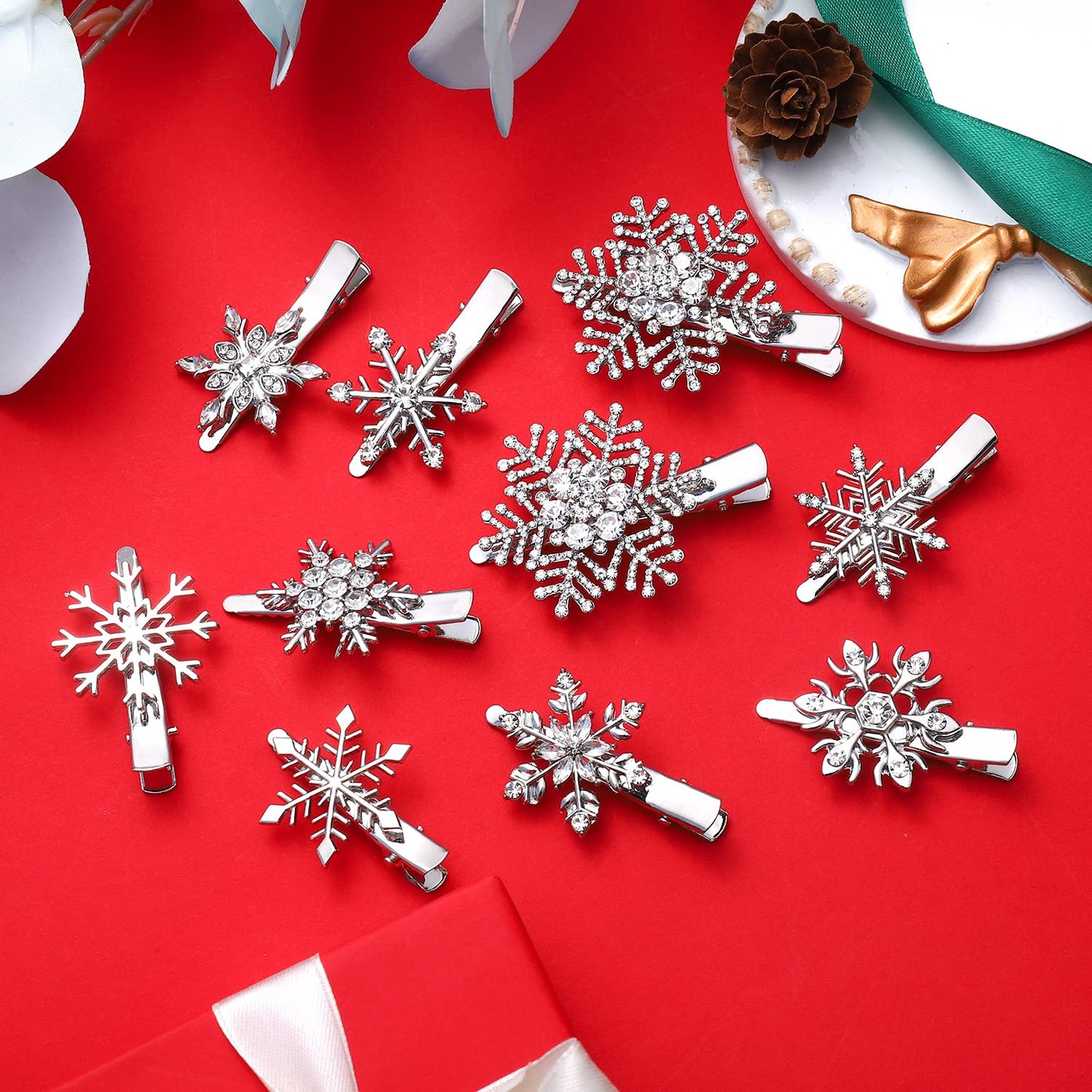 Boderier 10 Pack Snowflake Hair Clips Winter Christmas Rhinestone Snowflake Hairpin Hair Barrette Accessories Silver