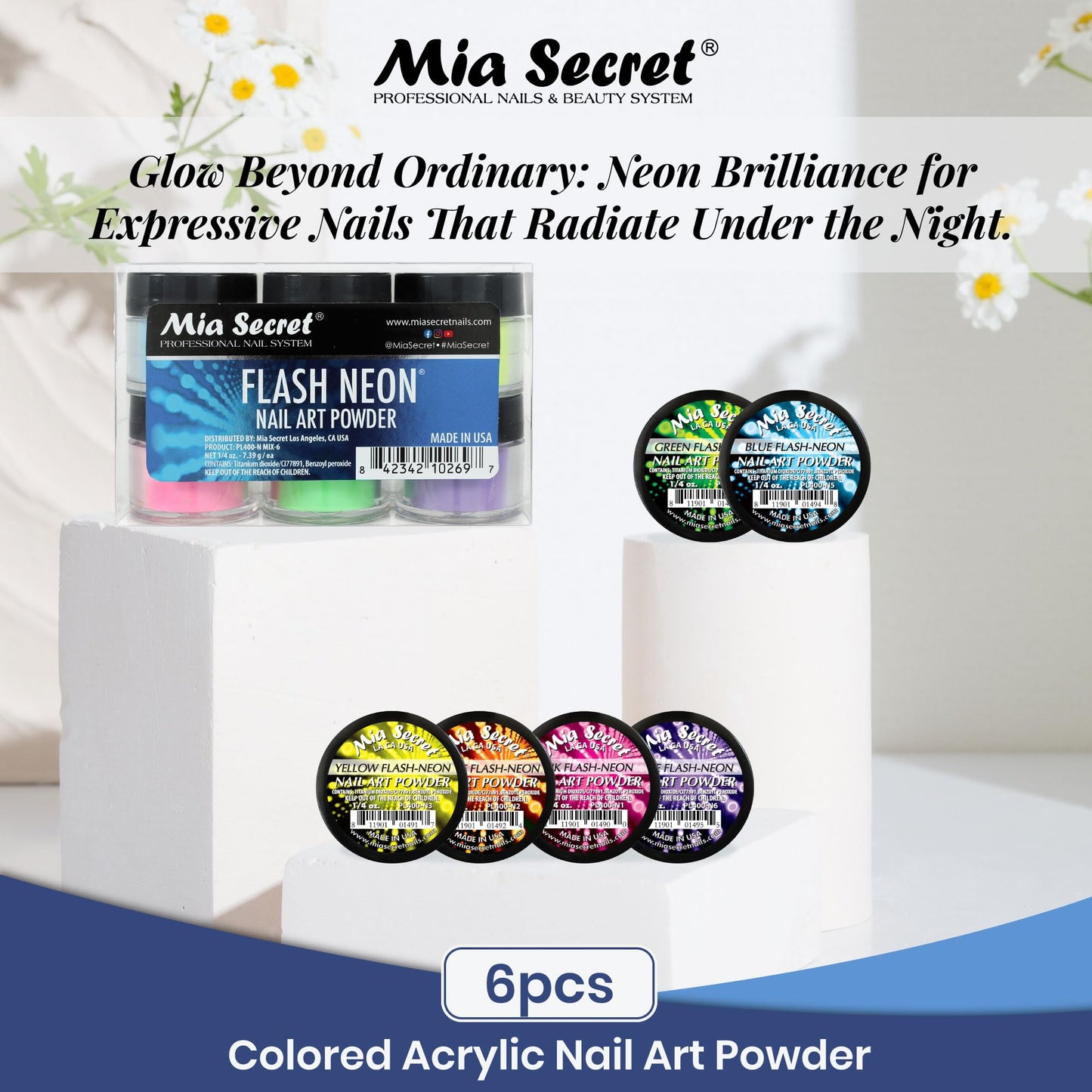 6 Mia Secret Flash Neon Acrylic Nail Art Powder Glows Under the Black Light 6 Neon Colors Beauty & Personal Care Mia Secret