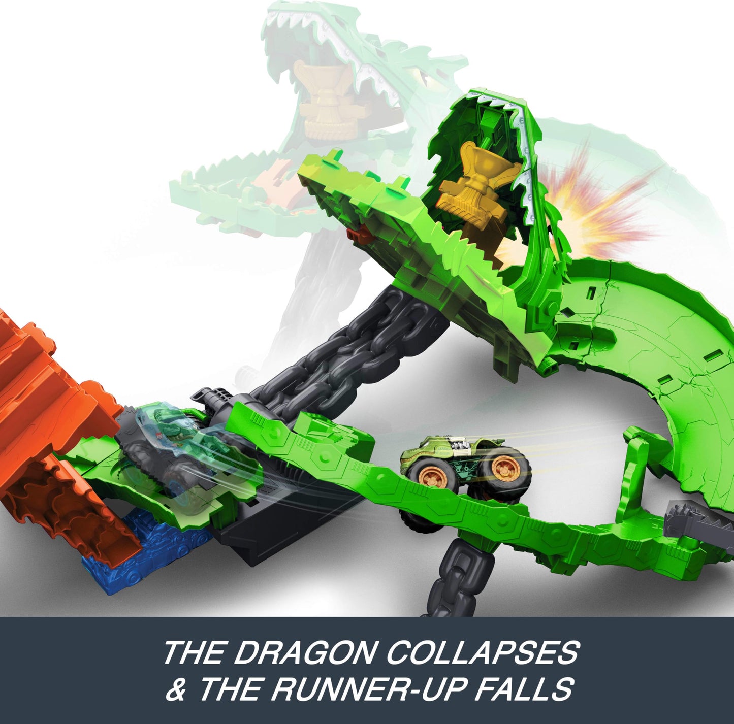 Hot Wheels Toy Monster Trucks, Sharks vs. Dinos Dragon Destruction Playset with 1:64 Scale Great Bite & Rageasaur, Race to Defeat The Cyborg Nemesis