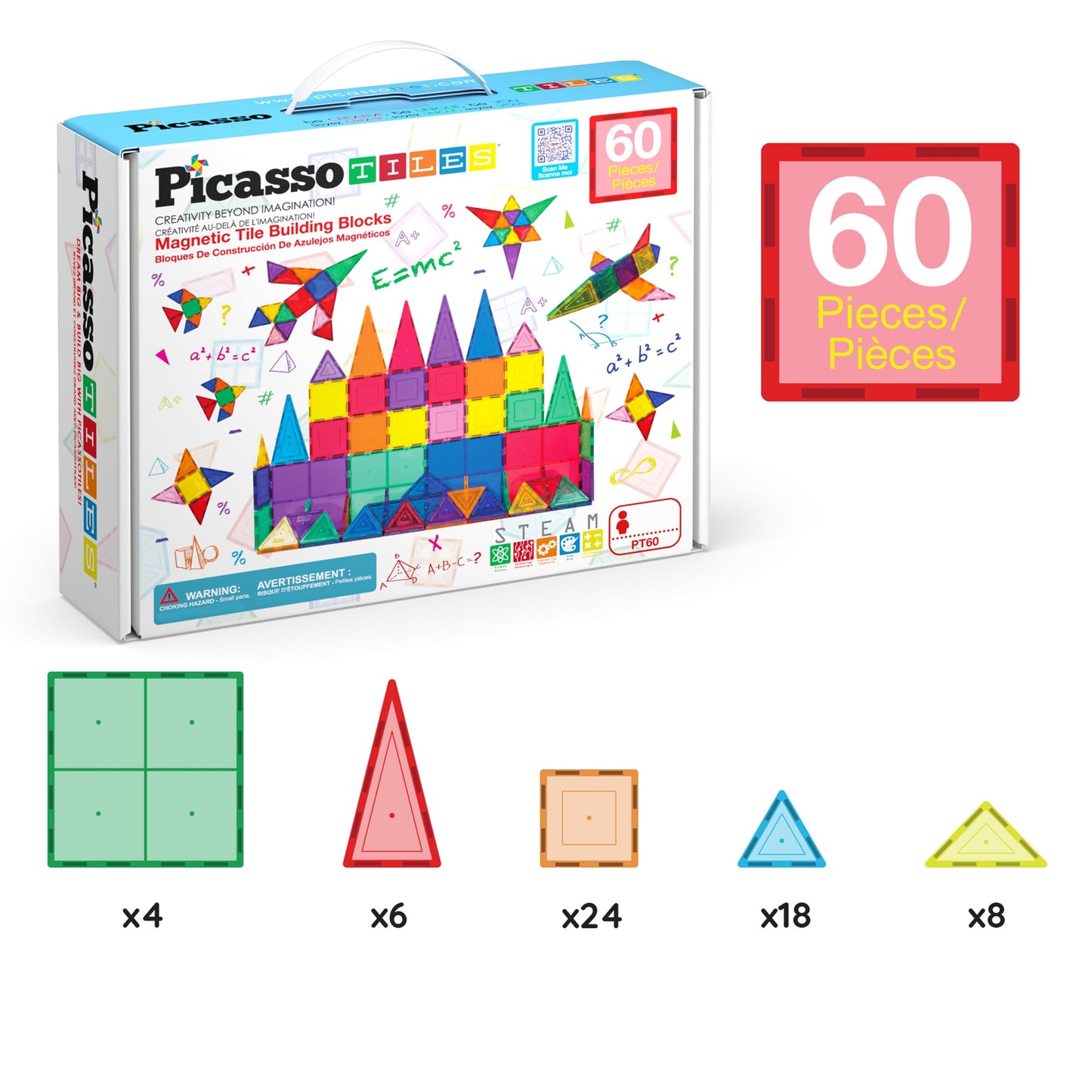 PicassoTiles 60pcs Magnetic Building Tiles – Clear 3D Magnet Blocks Construction Playset for Kids, Educational & Creative Toy Set