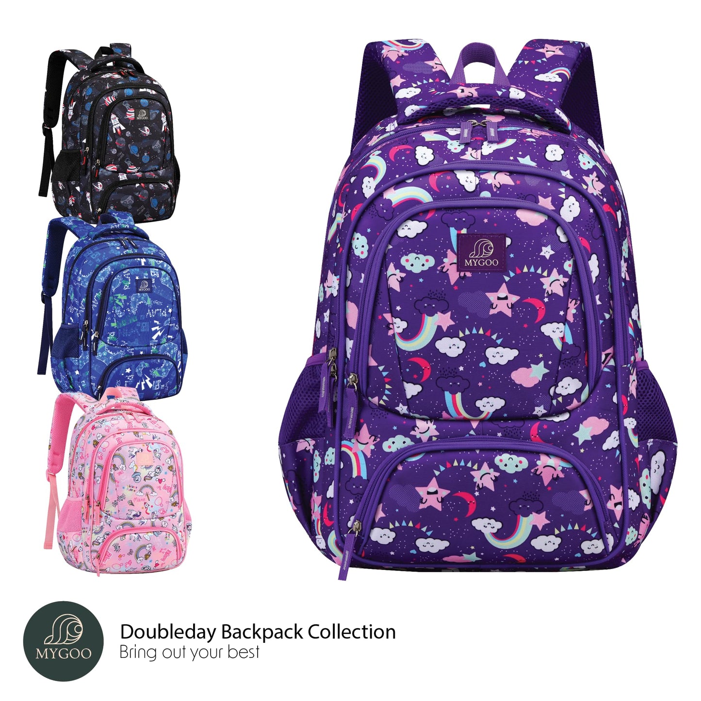 MYGOO Girls Backpack - 17" Tall Large Elementary School Bag, Doubleday Collection, 24L Capacity, Dream Purple