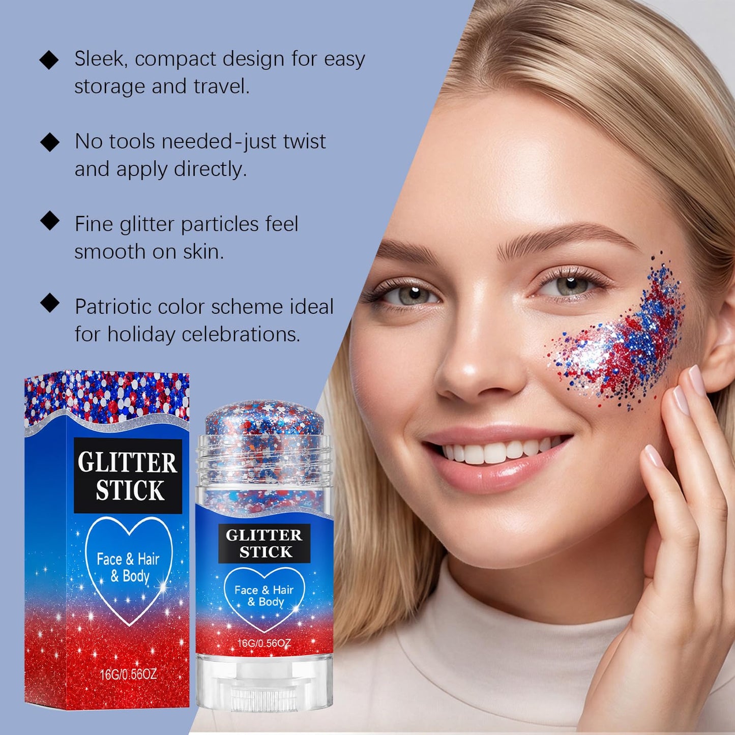 4th of July Glitter Stick, 2026 New Patriotic Hair Face Body Glitter Stick for Independence Memorial Day, Red White and Blue Body Glitter Stick Fourth